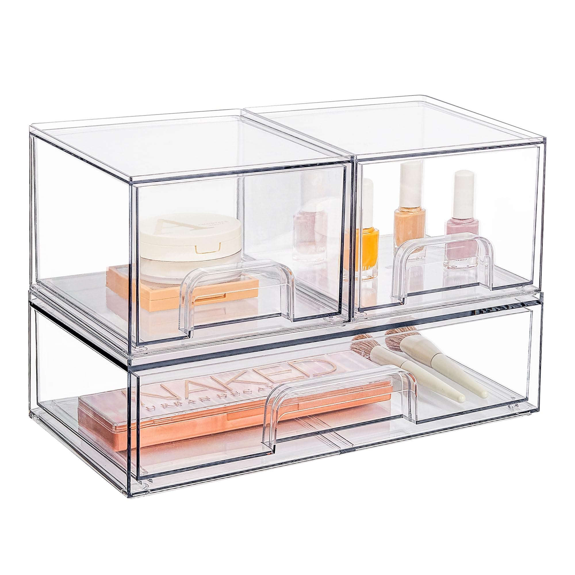 Vtopmart Stackable Storage Drawers Set of 3, 12.1“ Wide and 4.4'' Tall Clear Plastic Organizer Bins for Makeup, Cosmetics, Beauty Supplies,Ideal for Vanity, Bathroom,Cabinet,Pantry,Kitchen Organizer