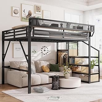 Mirightone Full Size Loft Bed with Stairs and Storage, Metal Loft Bed Frame with Bedside Shelf and Large Under-Bed Space, Heavy-Duty Bed for Adults Teens and Kids, Convertible Staircase, Black