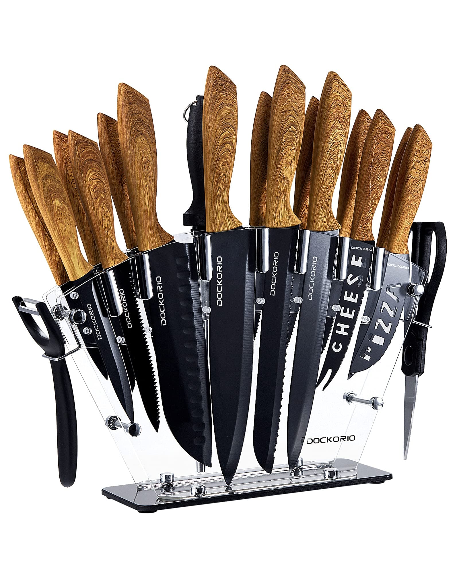 Kitchen Knife Set with Block, all in one 19 PCS High Carbon Stainless Steel Sharp Serrated Steak Knives Set, Chef Knives, Bread Knife, Scissor, Sharpener