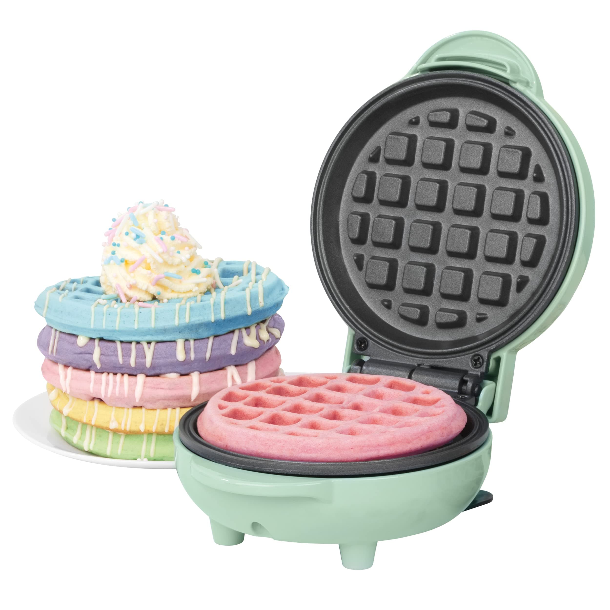EK4214GSGR Mini Waffle Maker – Non-Stick Waffle Iron Machine, For Belgian & American Style Waffles, Sweet/Savoury Snacks Desserts, Compact, 11.5 cm Round Cooking Plate, Pastel Green
