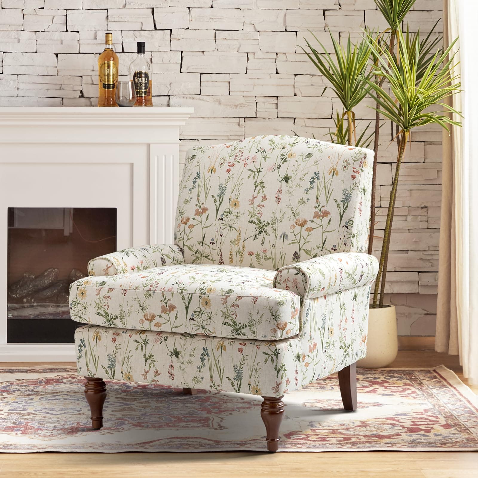 Accent Chair with Solid Legs & Removable Cushion, Floral Comfy Upholstered Armchair, Leisure Single Sofa Chair for Living Room/Bedroom, Spring