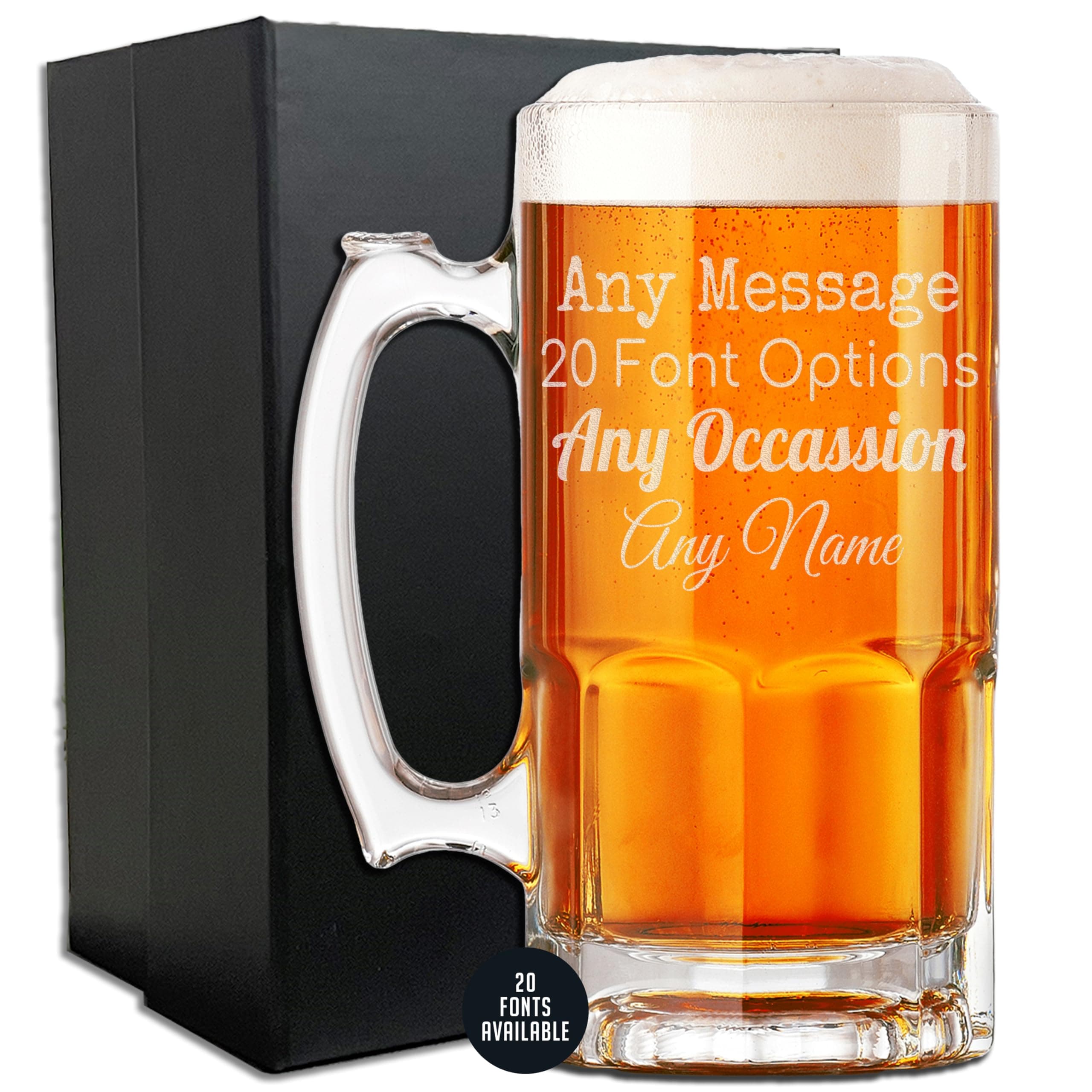Personalized Etched Custom Message 34oz Glass Beer Mug, Custom Name and Text, Your Text Here, Engraved Beer Gifts for Men, Customized Birthday Gifts for Him, Regalos Personalizados, Father's Day