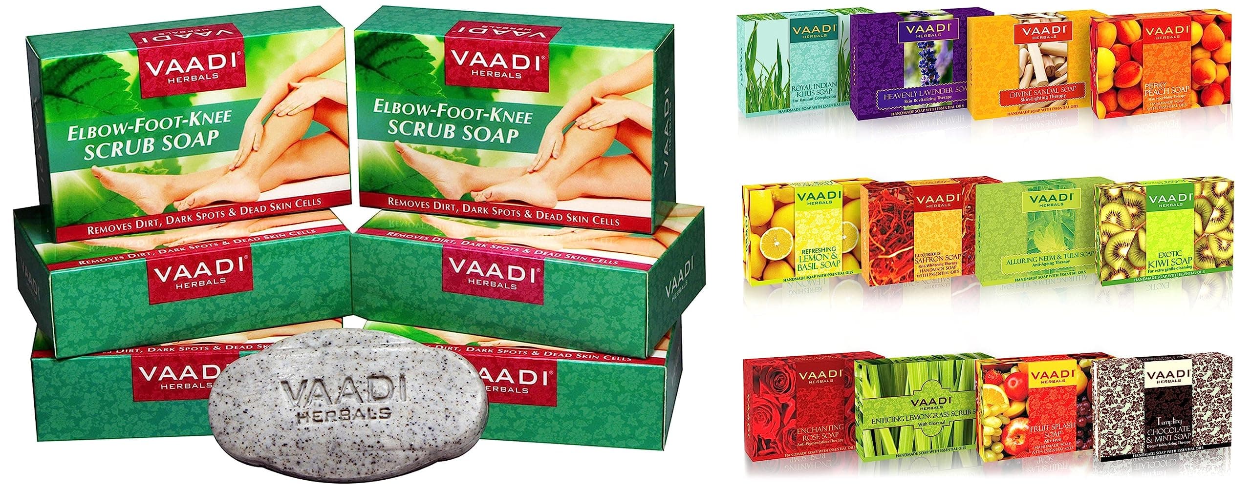 Vaadi Herbals Assorted Luxurious Handmade Herbal Soaps, 75g (Pack of 12) & Vaadi Herbals Elbow Foot Knee Scrub With Almond And Walnut Scrub Soap, 75g (Pack Of 6)