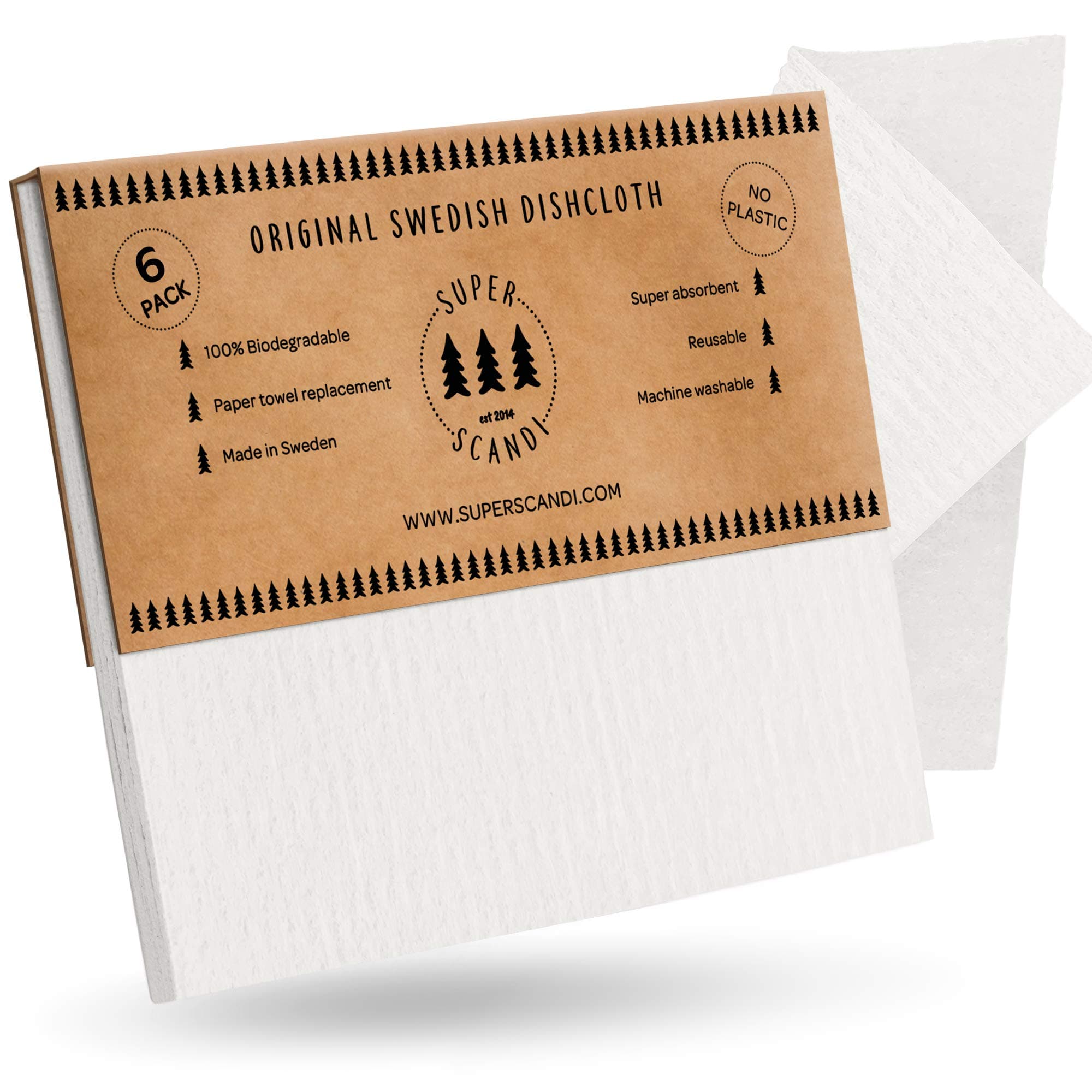 SUPERSCANDI 6 Pack Reusable Cleaning Cloths - 100% Biodegradable & Compostable Washable Swedish Dishcloth - Food-Safe & Plastic-Free Kitchen Cloth Suitable for Any Surface, White[Amazon-developed Certification] Compact by Design