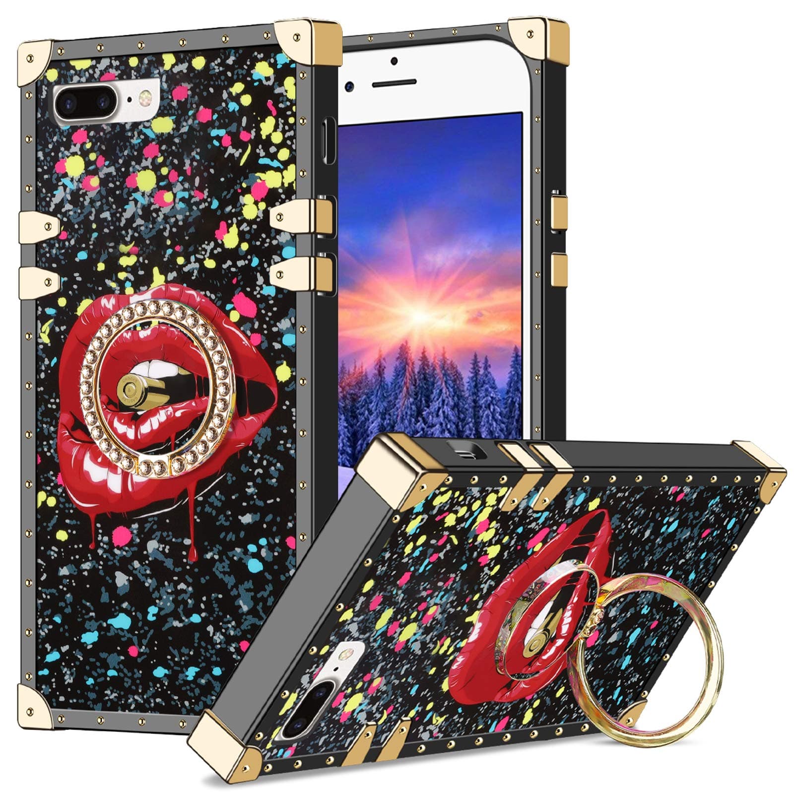 Wollony for iPhone 7 Plus Case, Kickstand Ring Square Edge for Women Girl Retro Flower Protective Heavy Duty Metal Reinforced Corners Shockproof Cover for iPhone 8 Plus 5.5inch Black Lips