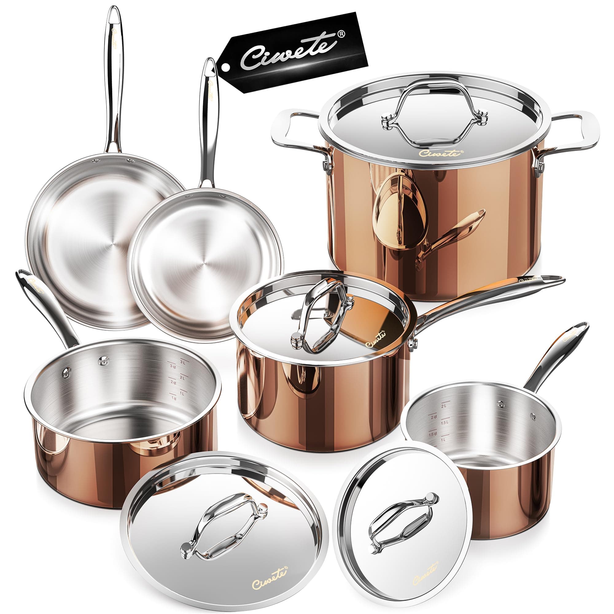 Copper Pots and Pans Set Tri-ply Cookware Set 10 Piece, 18/10 Stainless Steel Pot and Pan Set with Stainless Steel Lid, More Nutritious, Include Stock Pot, Saucepan, Fry Pan