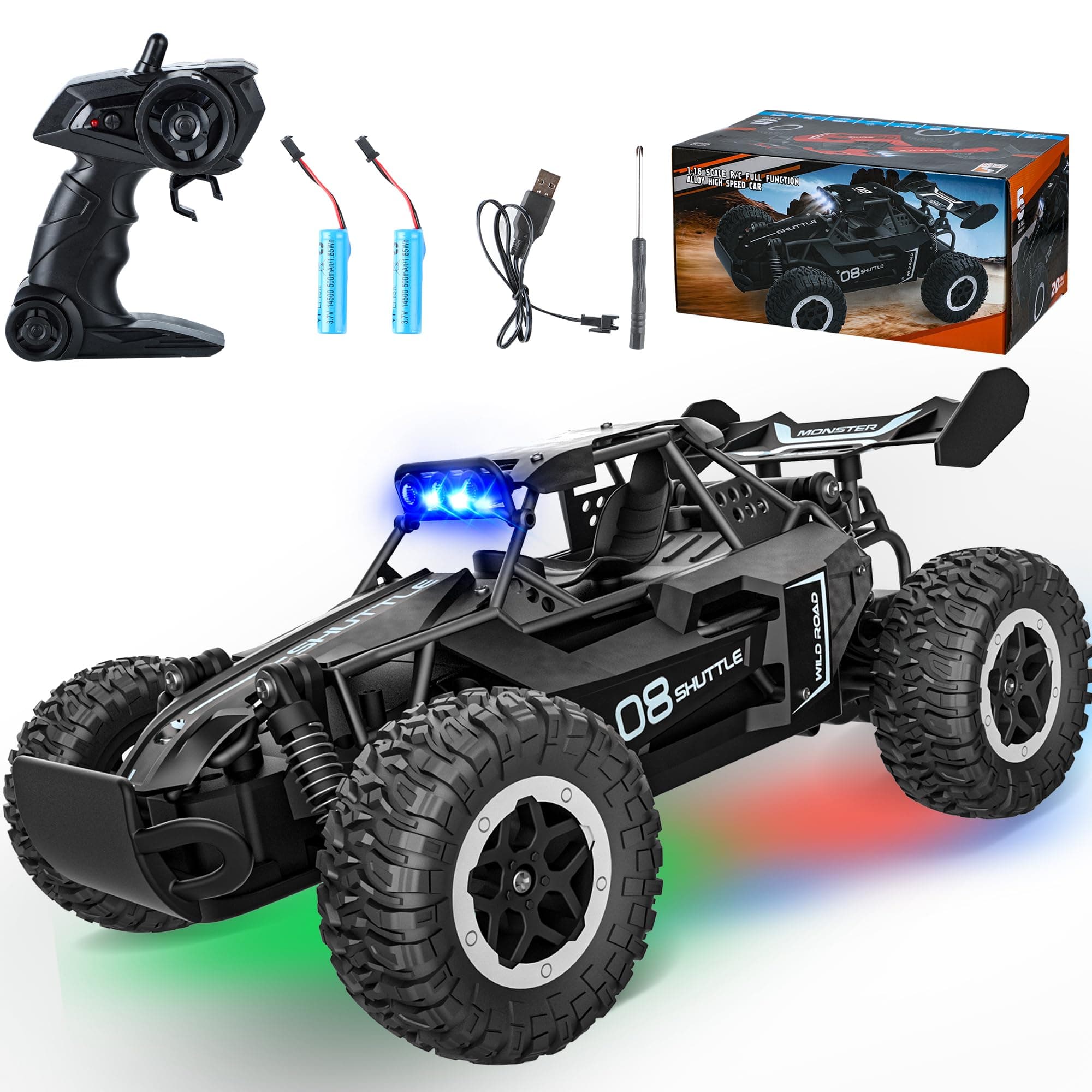 Remote Control Car for Kids 3 4 5 6 7+, 20 KM/H High-Speed RC Cars with LED Lights, 2.4GHz 2WD Monster Truck Toys, Rechargeable RC Car,Toy Cars for Girls Boys,Upgraded Anti-Collision Shaft–Black
