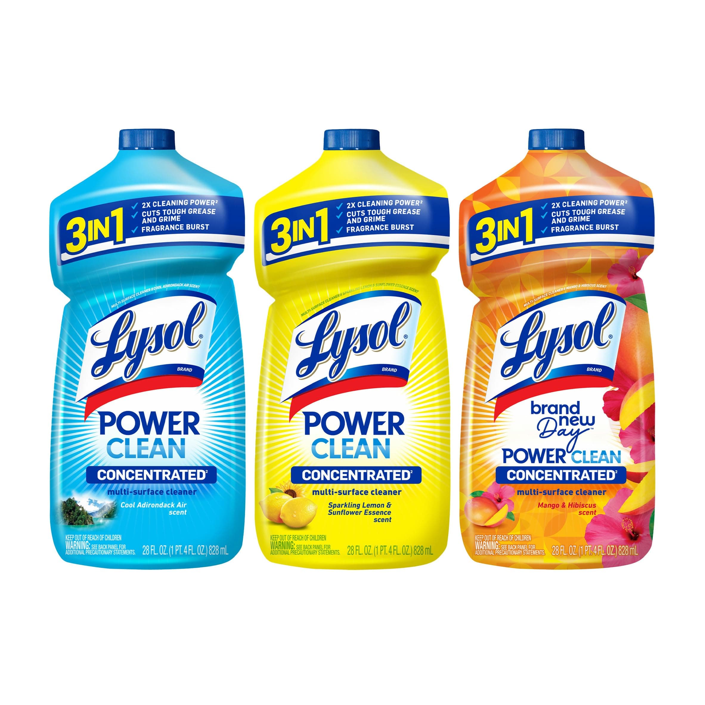 Bundle of LYSOL Power Clean Multi-Surface Cleaner, 2x Concentrated Pour 3x28oz, Cool Adirondack scent, Sparkling Lemon & Sunflower Essence scent, Mango & Hibiscus