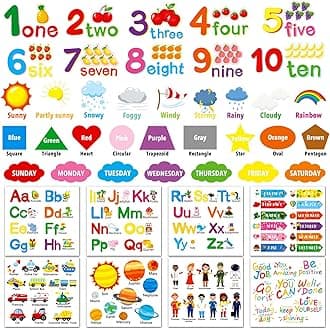 Alphabet Numbers Wall Decals 12 Sheets Color Weather Learning Educational Wall Stickers Peel and Stick Solar System Shape Decals for Kids Toddlers Classroom Playroom Bedroom Wall Decorations