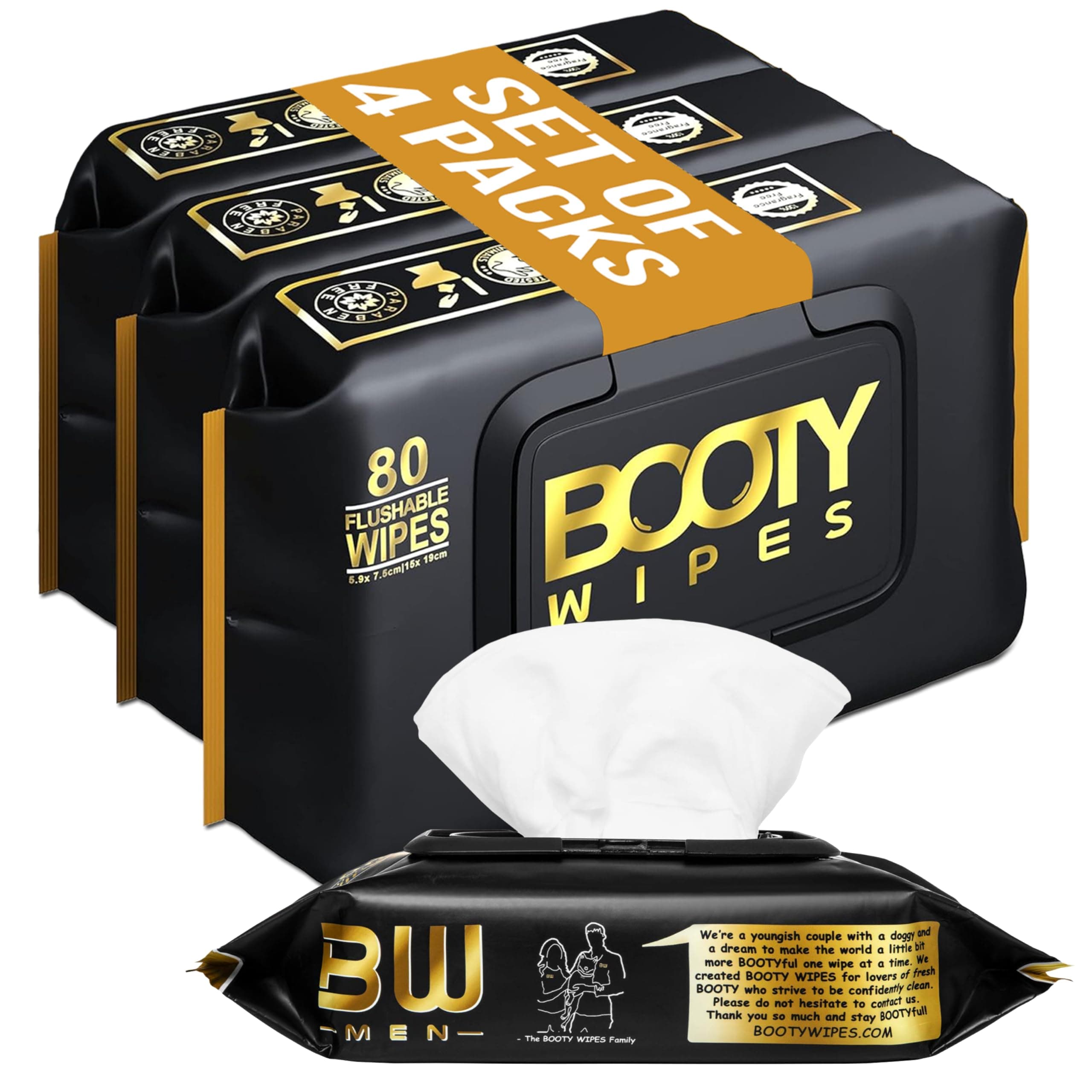 4 Pack Flushable Wipes for Adults by BOOTY WIPES - 80 Sheets per Pack - pH Ba...