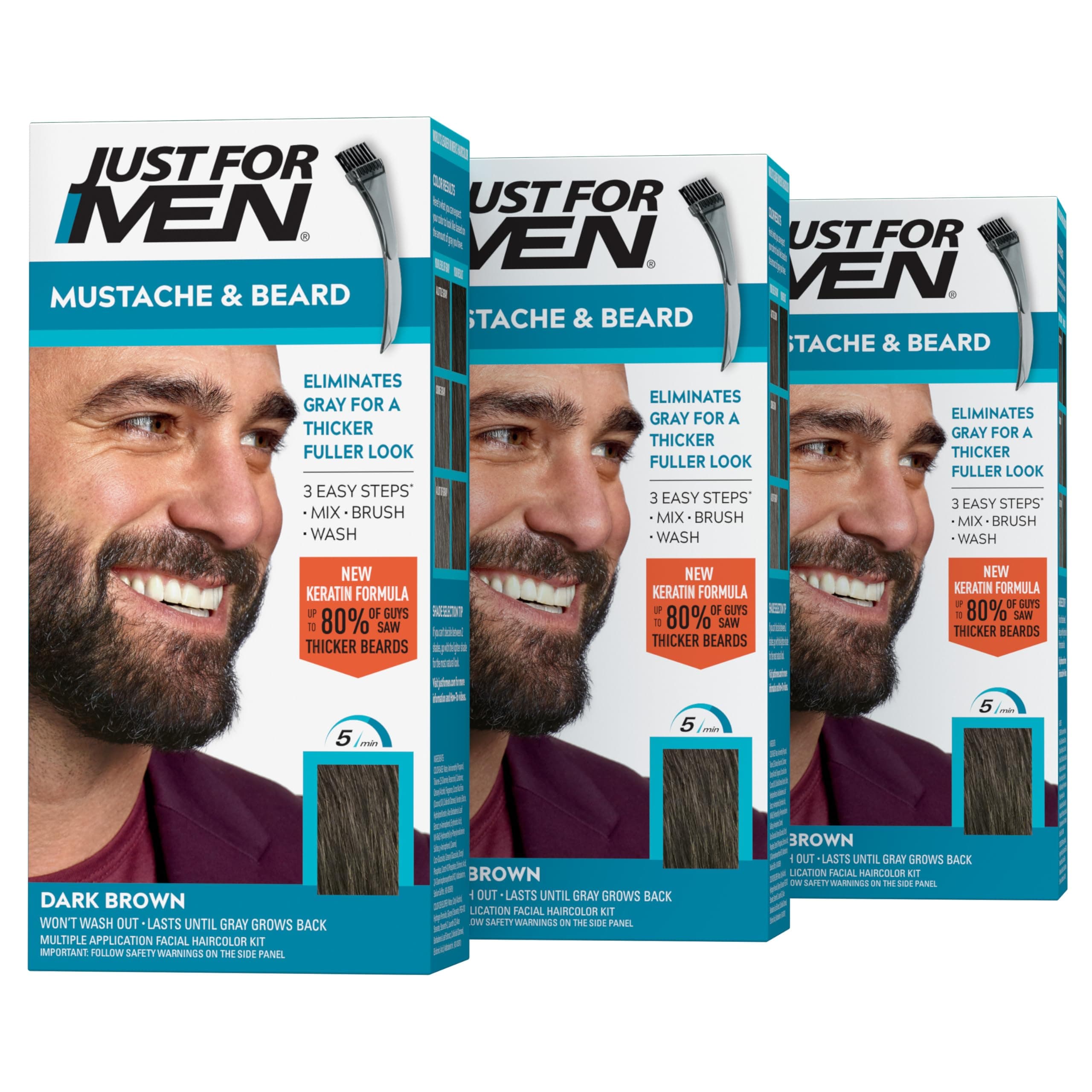 Mustache & Beard, Beard Coloring for Gray Hair with Brush Included - Color: Dark Brown, M-45 (Pack of 3)
