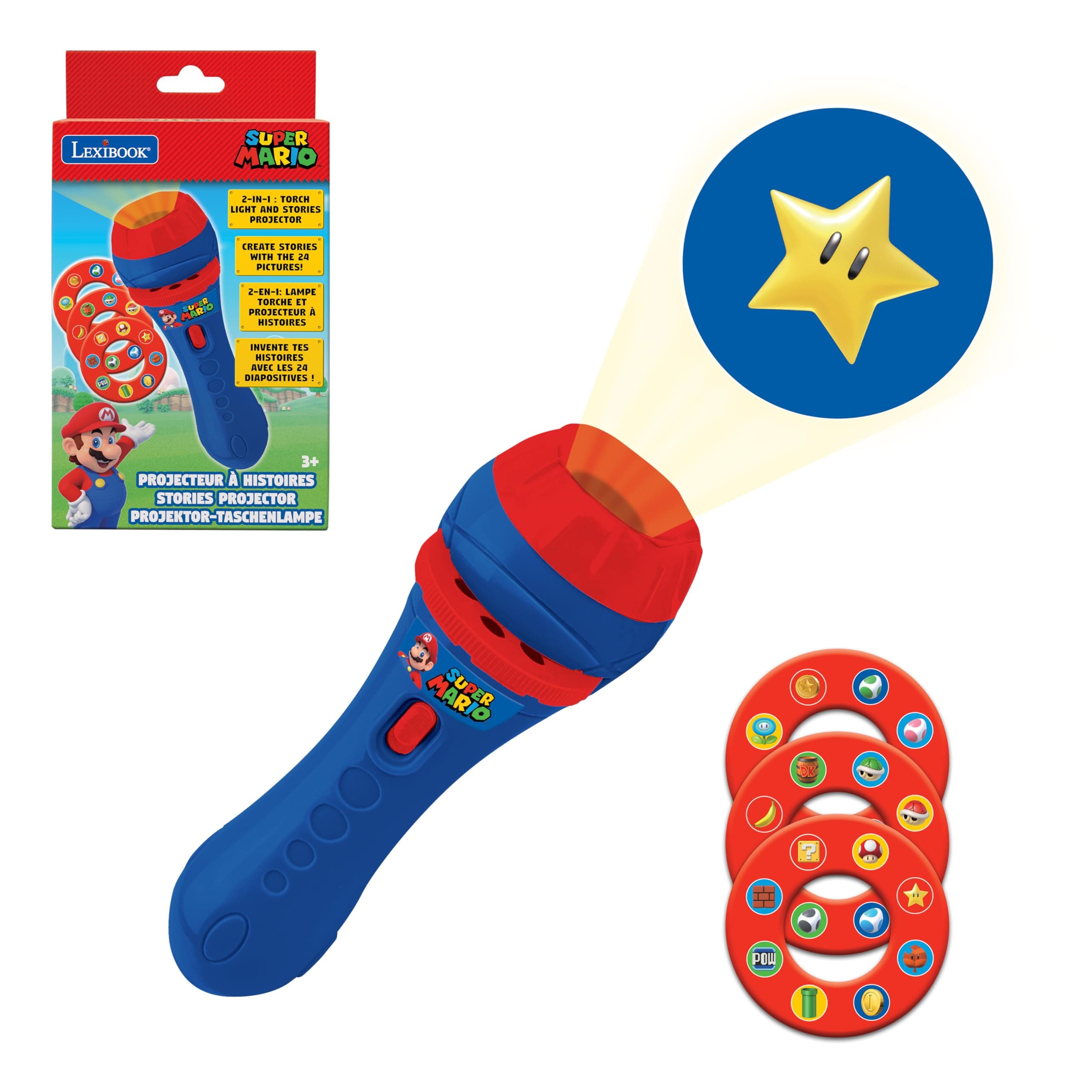 Super Mario Nintendo Stories projector, flashlight and projector with 3 discs, 24 images, create your own stories, children's toy, Blue/Red, LTC050NI