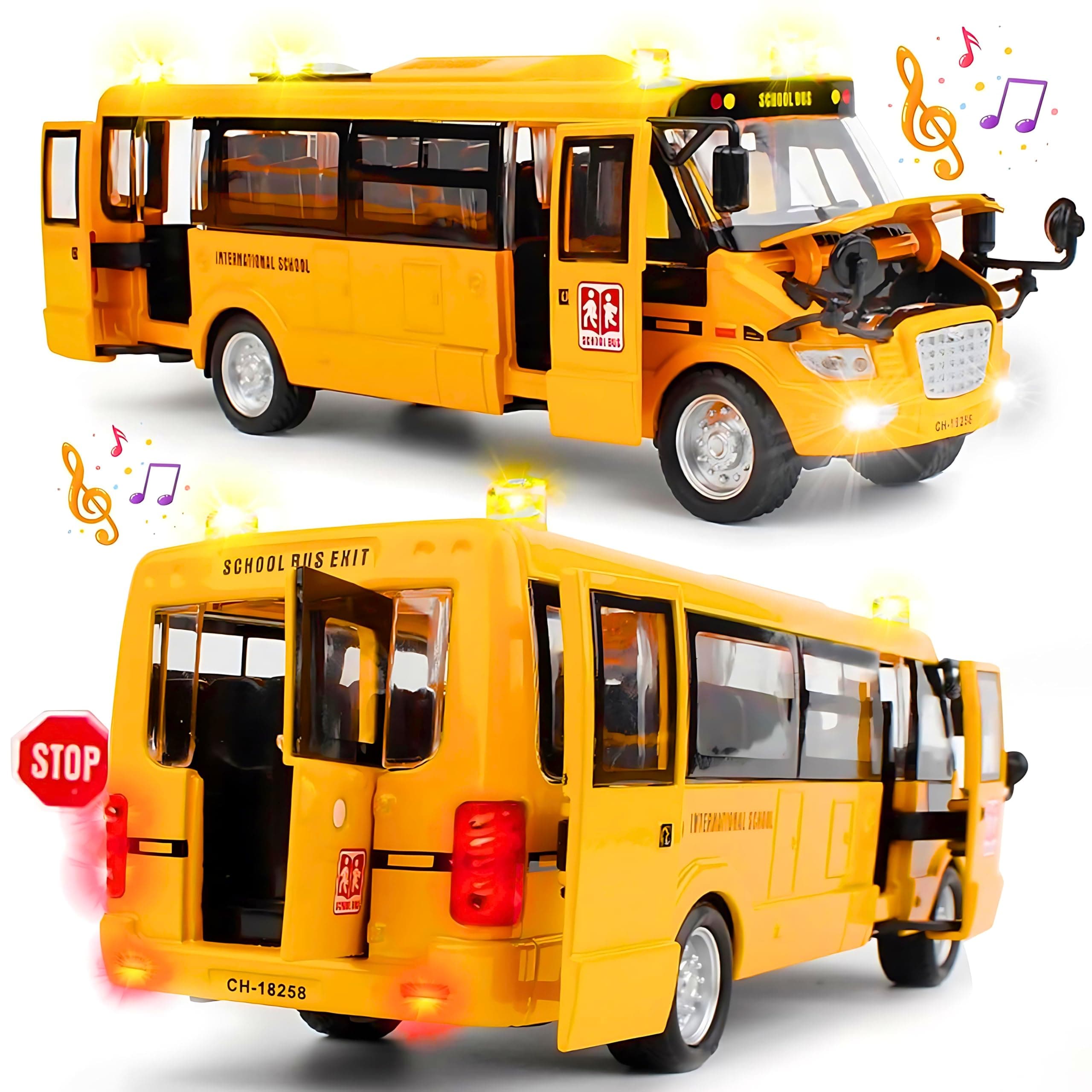School Bus Toy, Die Cast Pull Back 9'' Model Cars, with Lights & Sounds, Openable Doors, Large Yellow Metal Toy Vehicles, Play Bus for Boys Girls Kids Toddlers Ages 3+