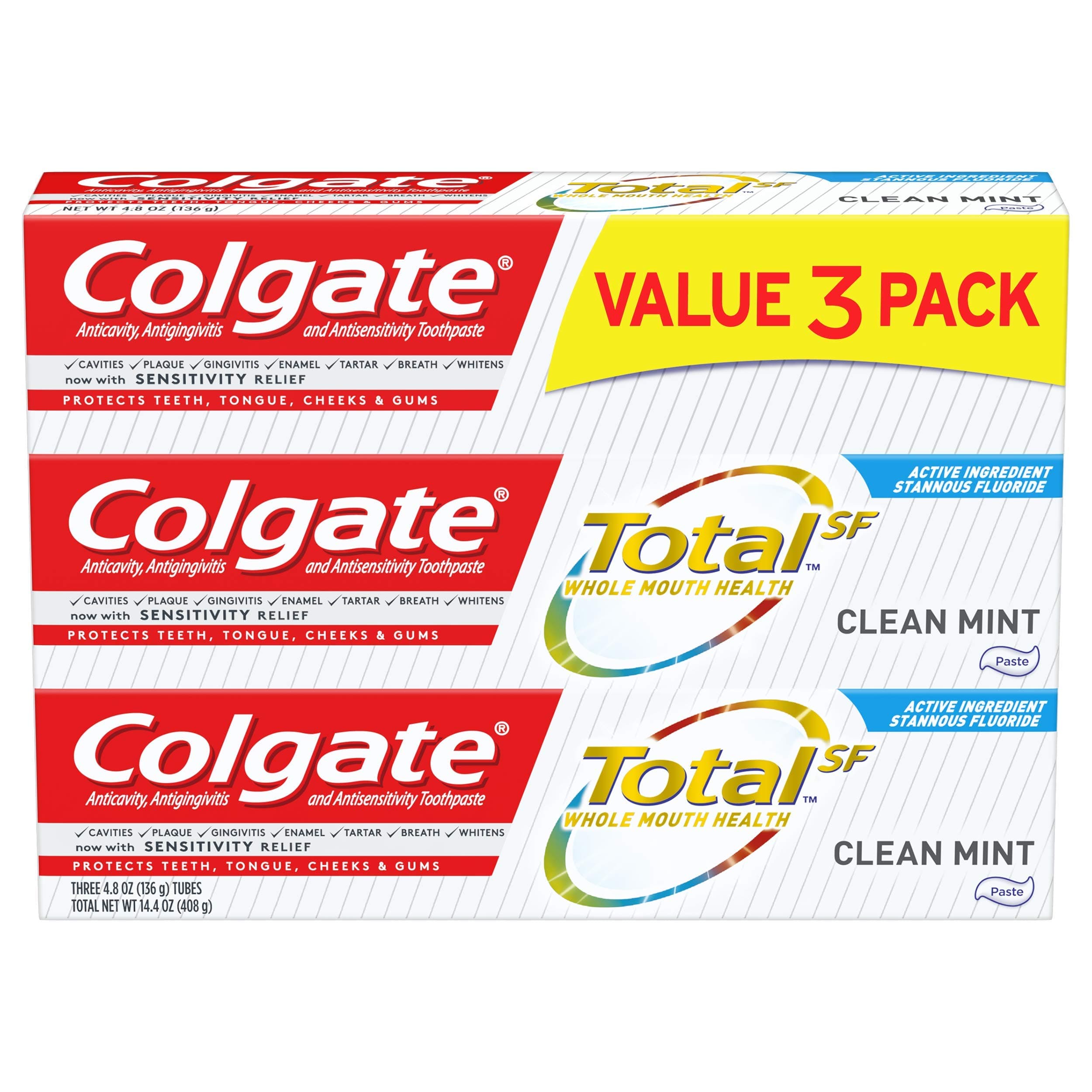 Colgate Total Toothpaste, Clean Mint - 4.8 ounce (3 Pack)