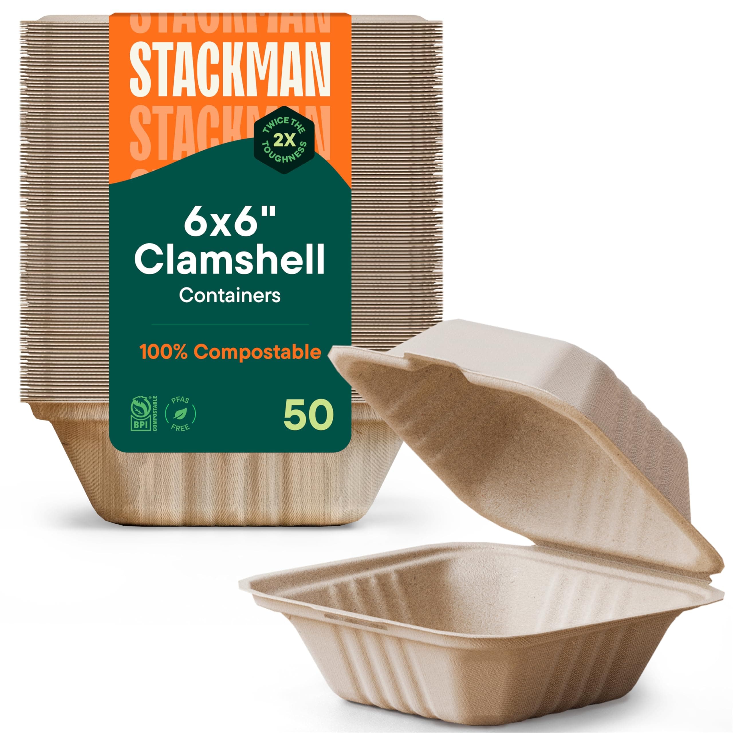 100% Compostable Clamshell Take Out Food Containers [6x6" 50-Pack] Heavy-Duty Quality to go Containers, Natural Disposable Bagasse, Eco-Friendly Biodegradable Made of Sugar Cane Fibers