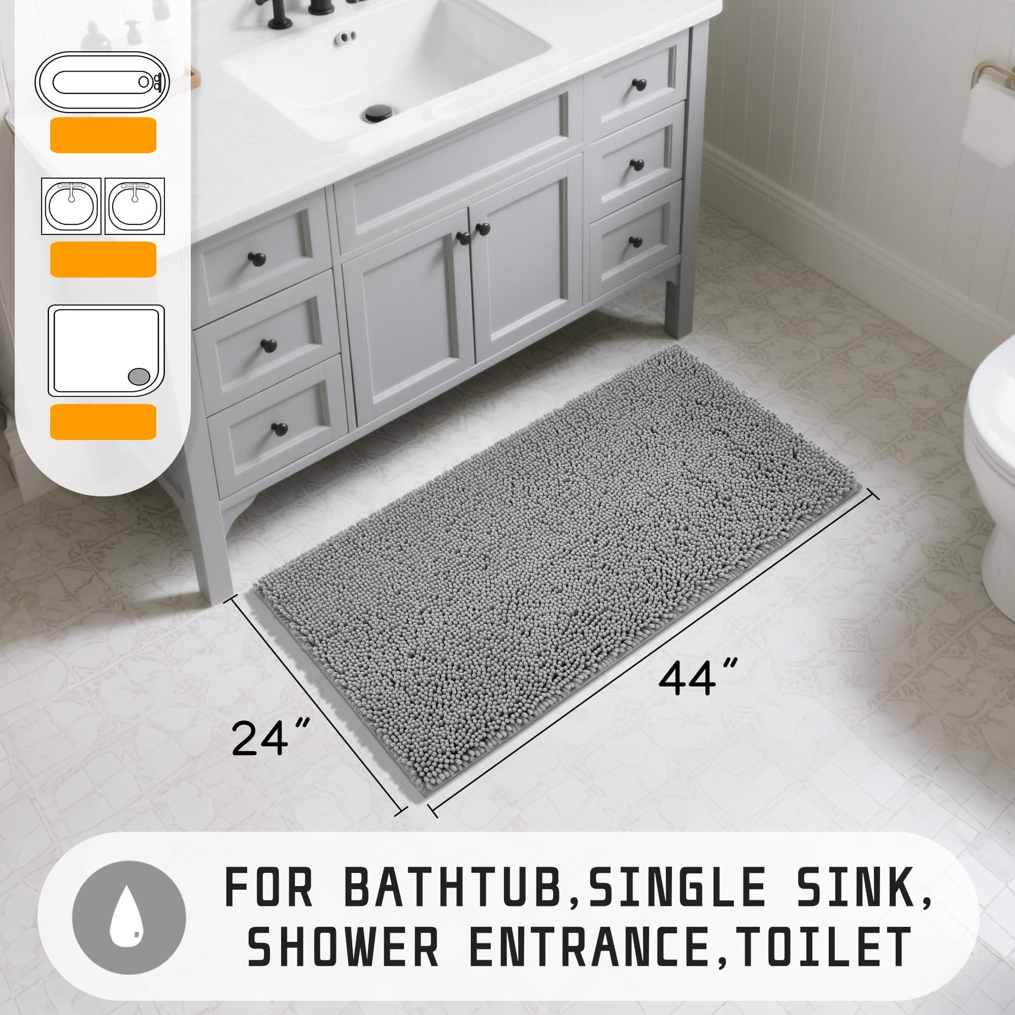 Yimobra Bathroom Rugs, 44'' x 24'', Extra Soft Chenille Bath Rugs, Non-Slip, Water Absorbent, Thick Floor Mat with Machine Washable, Plush Microfiber Shaggy Rugs for Shower Bathtubs, Grey