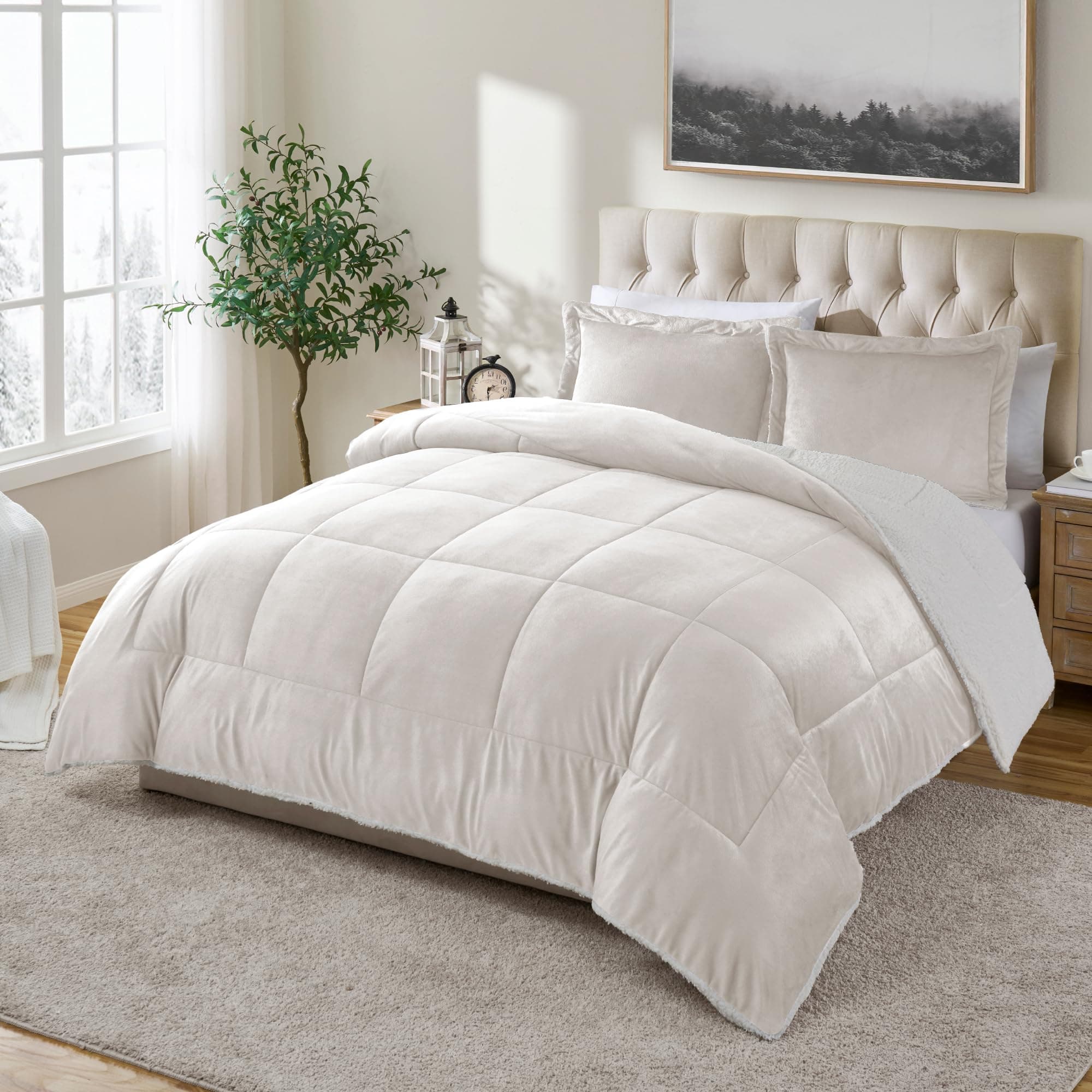 Cathay Home Queen Comforter Set: Ultra Soft and Plush Reversible Micromink and Sherpa 3-Piece Bedding Set, Ivory, Queen (90" x 90")