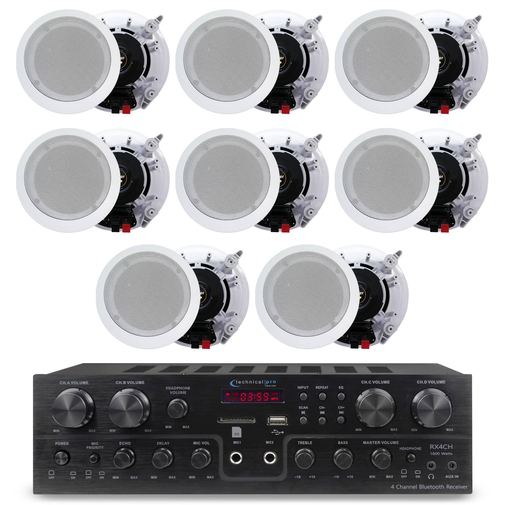 Technical Pro Home Theater System Kit with 1000 Watts 4-Chanel Bluetooth Receiver & 8 Qty 6.5" 200 Watts in-Wall in-Ceiling Speakers of 2-Way Stereo Sound with Woofer/Tweeter, Flush Design
