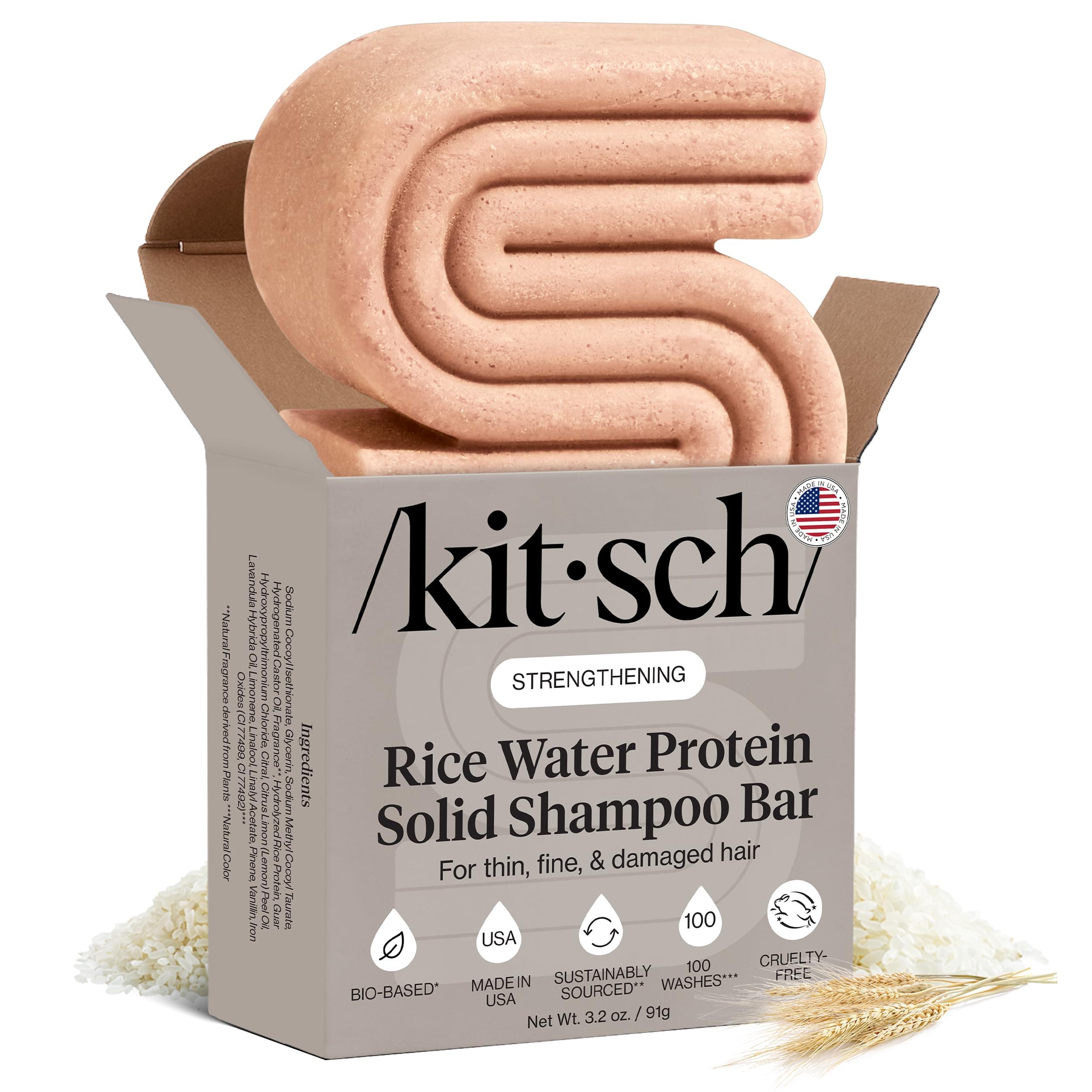 Kitsch Shampoo Bar with Rice Water 91g – Solid Bar Shampoo for Hair Thickening, Strengthening and Moisturizing, Rice Water shampoo bars for Thinning Hair, Paraben-Free, Hair Care