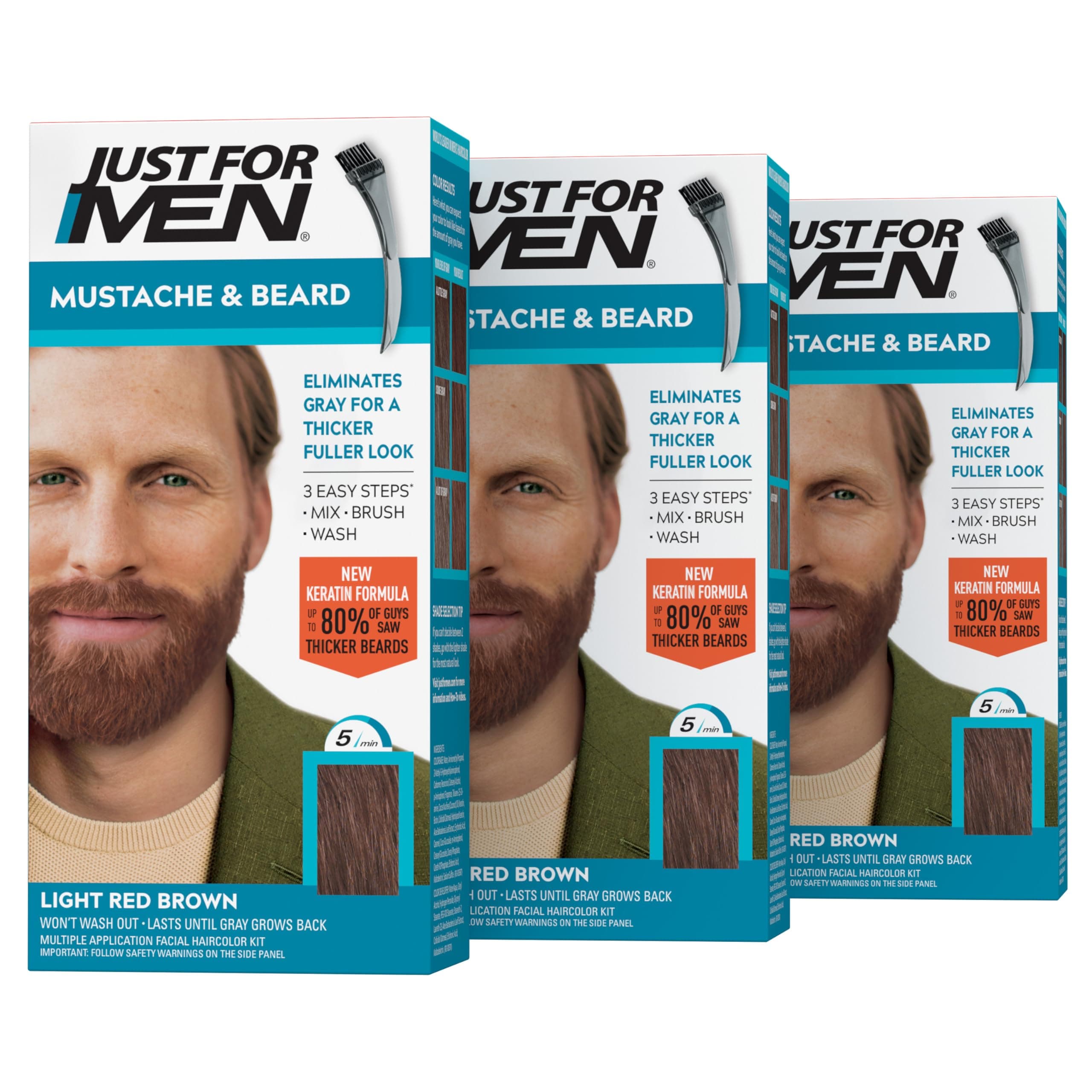 Just For Men Mustache and Beard, Beard Color for Grey Hair with Brush Included - Color: Light Brown, M-27, Pack of 3