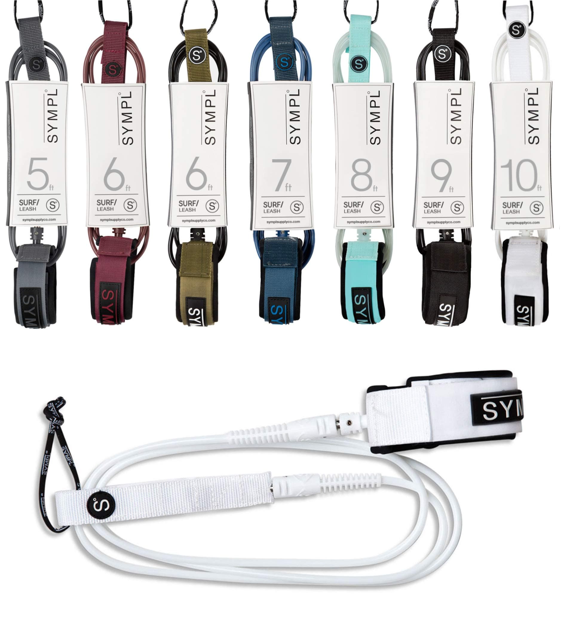 SYMPL Premium Surf Leash [ White • 5-9 ft. ] Surfboard Leash for Shortboard, Longboard, SUP Leash for All Boards