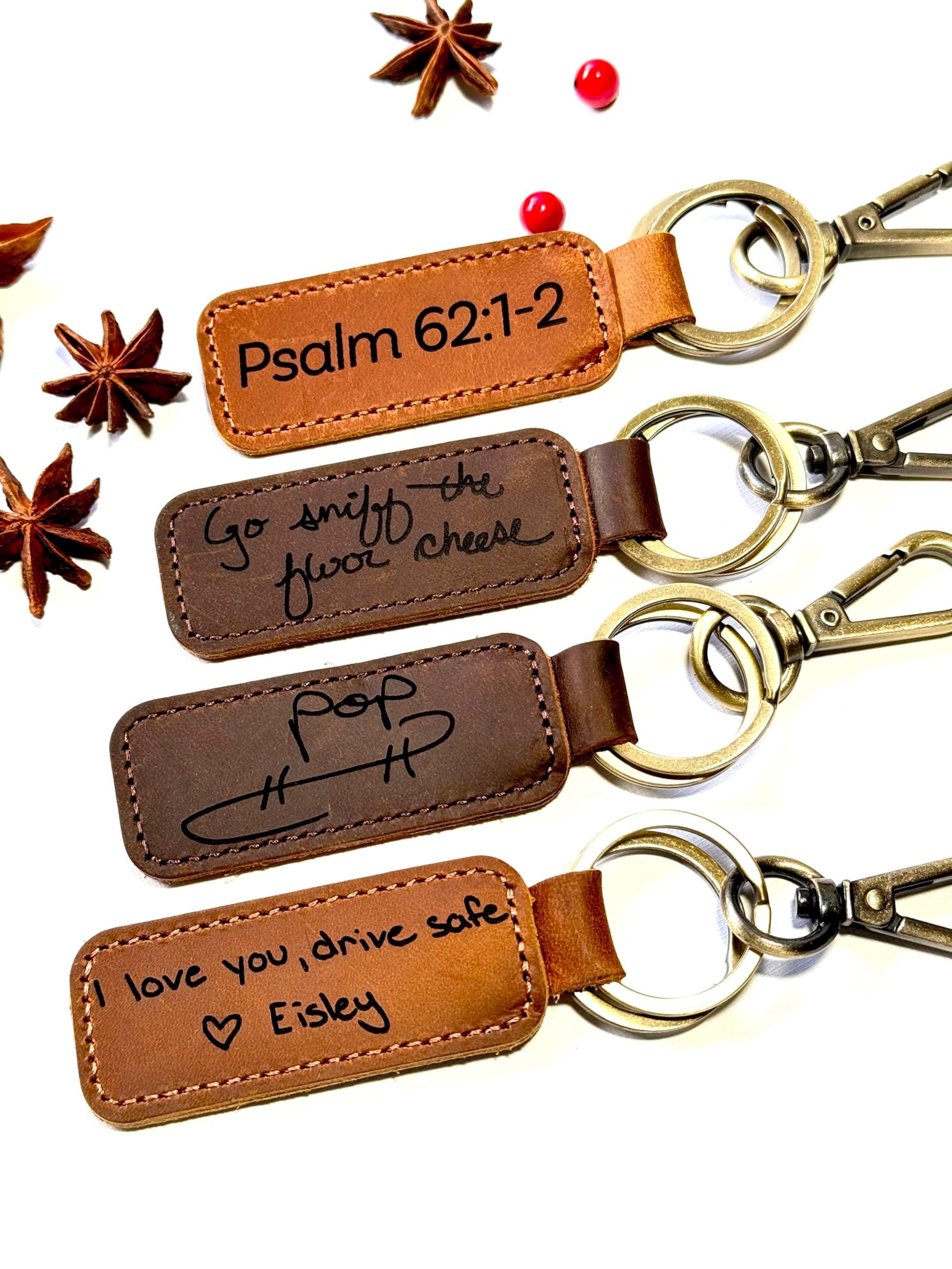 Personalized Handmade Leather Keychain – Custom Engraved Name or Logo, Genuine Crazy Horse Leather, Bronze Rings & Clasp – Durable Gift (1 Keychain)