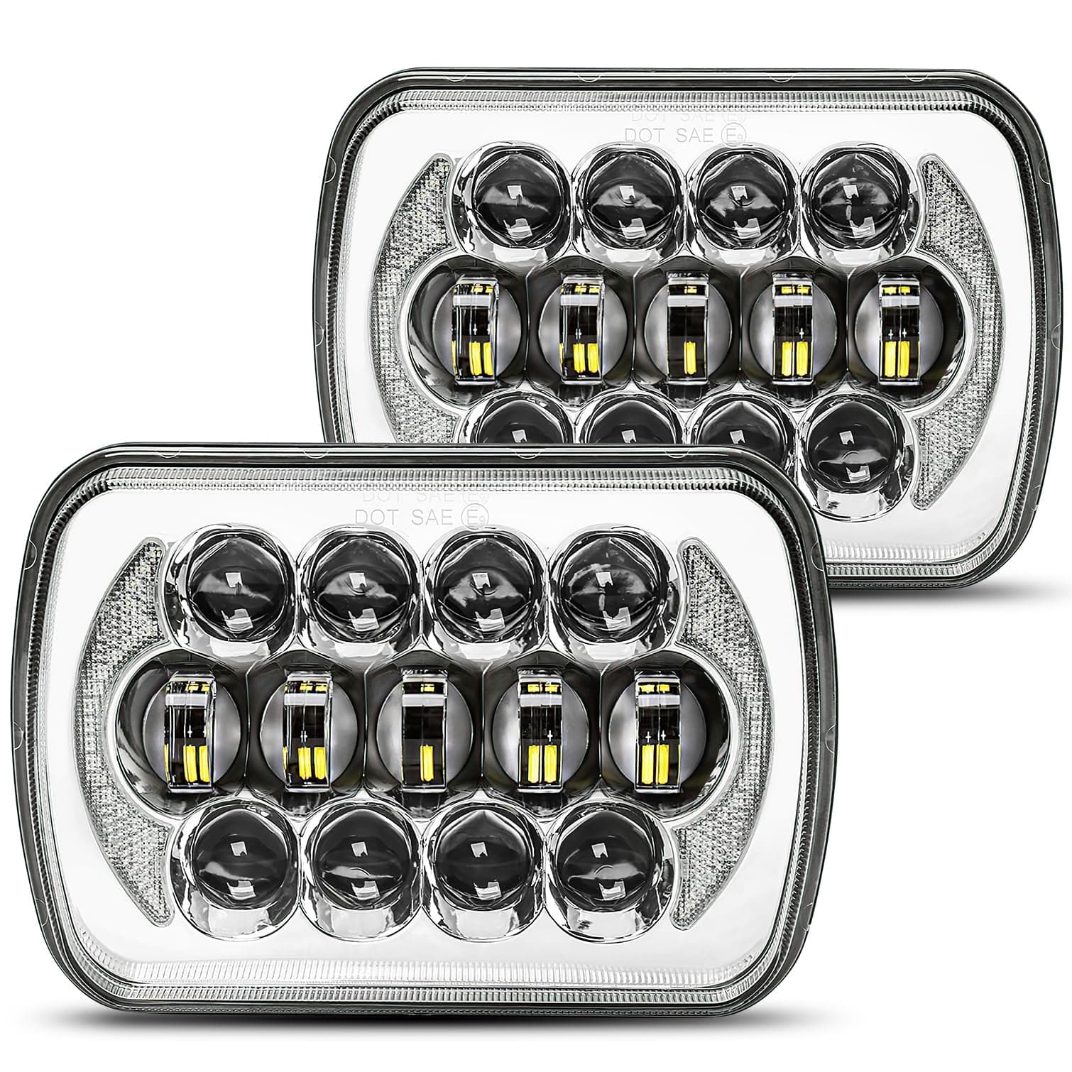 SPL DOT Approved 105W Brightest Chrome 5x7 7x6 Projector Led Headlights Anti-glare Hi/Low Sealed Beam H6054 H5054 with DRL Compatible with Jeep Wrangler YJ Cherokee XJ Ford Chevy GMC Toyota etc