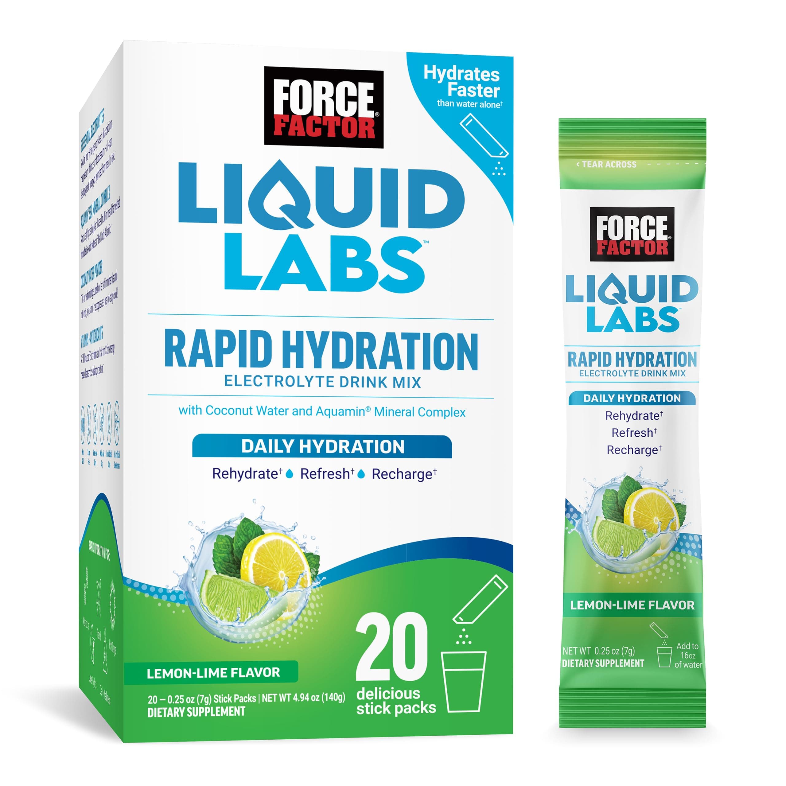 Force Factor Liquid Labs Electrolytes Powder Packets—Lemon Lime—Hydration Packets to Make Electrolyte Water with 5 Essential Electrolytes, Vitamins, Minerals, and Antioxidants, 20 Stick Packs
