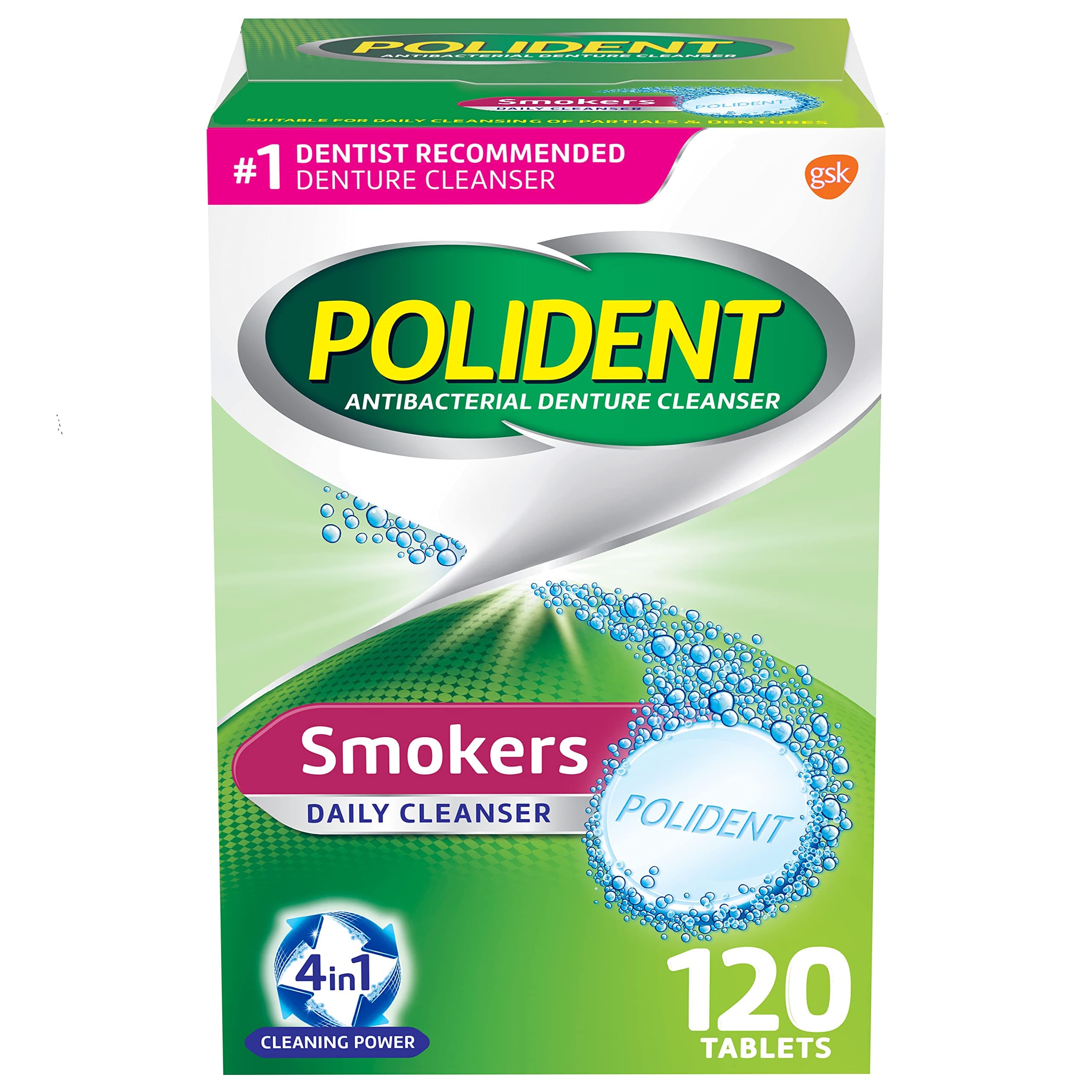 Polident Smokers Antibacterial Denture Cleanser Effervescent Tablets, 120 count