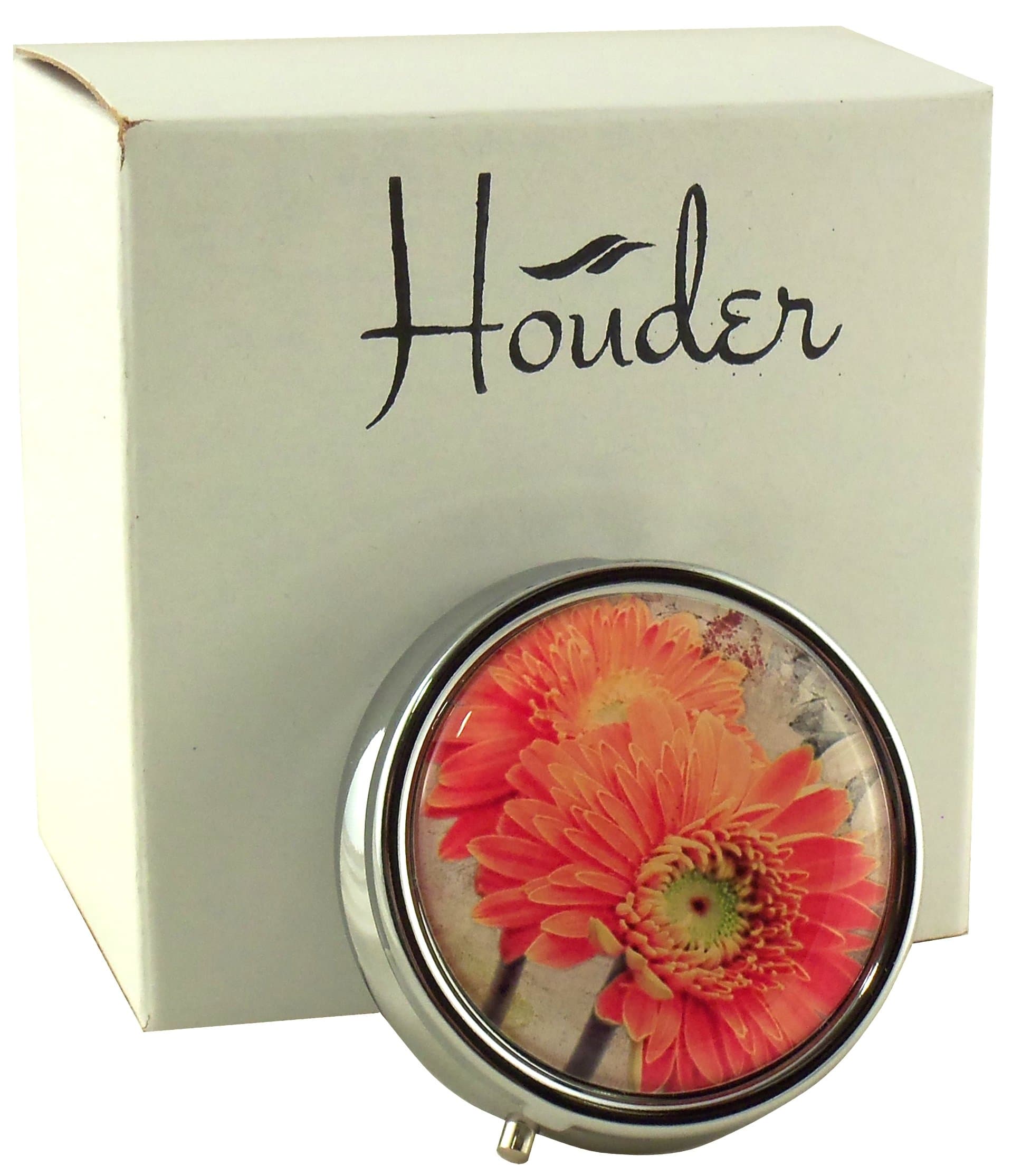 Designer Pill Box by Houder - Decorative Pill Case with Gift Box - Carry Your Meds in Style (Orange Daisy)