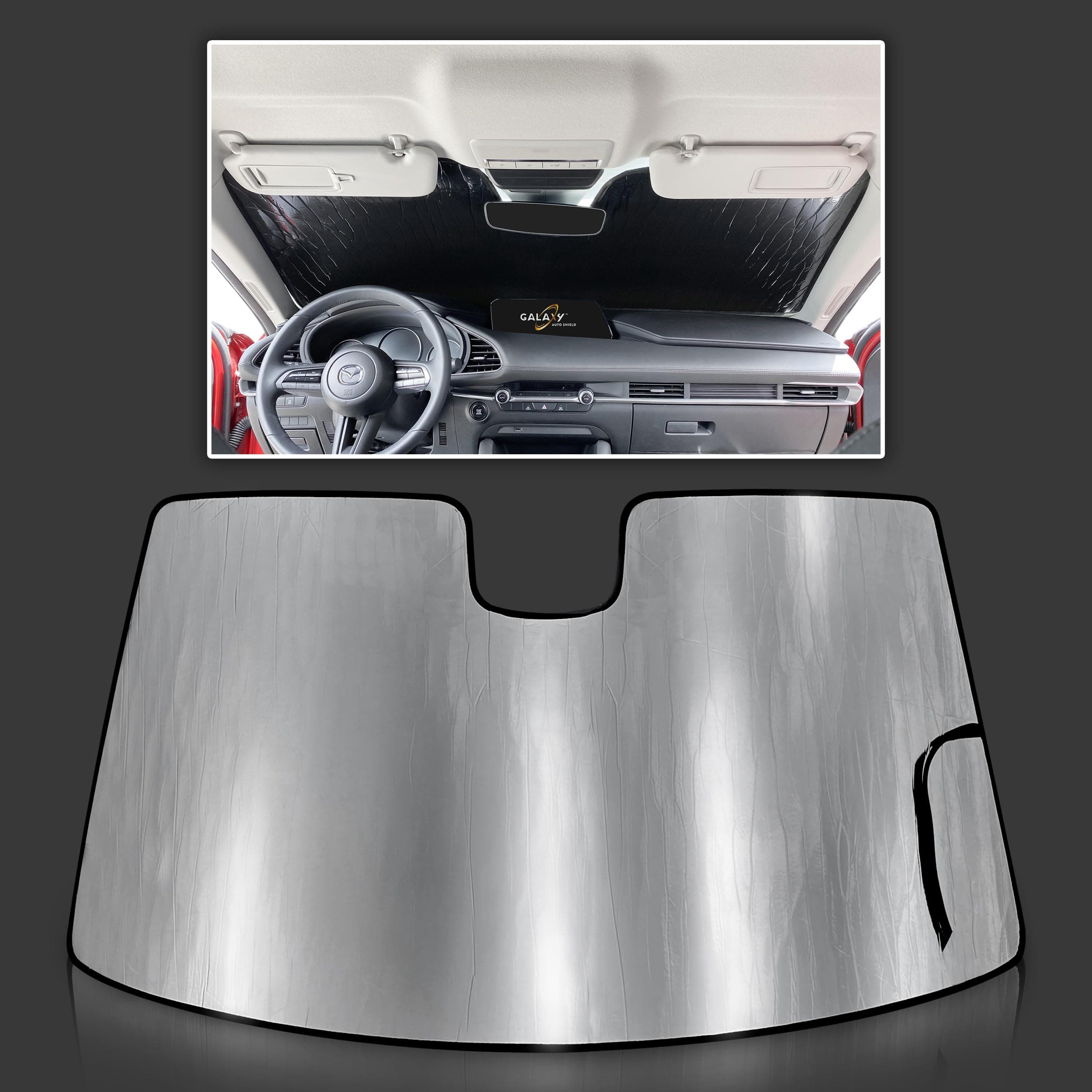 Custom Fit Reflective Windshield Sun Shade for 2019 2020 2021 2022 2023 2024 2025 2026 Mazda 3 Mazda3 Sedan Hatchback, Insulated Window Sunshade Privacy Blockout UV Reflector Protection - Made in USA