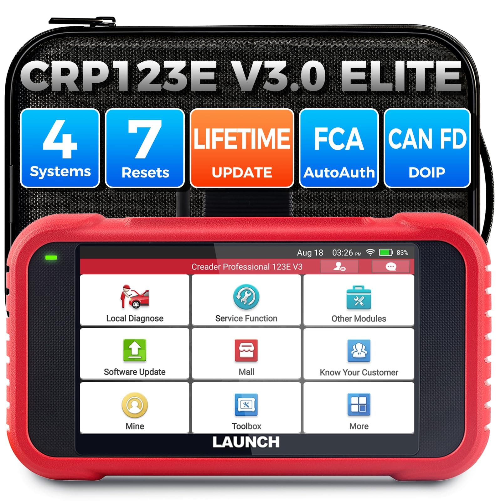 2026 Upgraded LAUNCH OBD2 Scanner CRP123E V3.0 Elite, Diagnostics Tool for Engine, ABS, SRS, AT, with 7 Resets, Oil/Throttle/SAS/BMS/EPB/DPF/ABS Bleeding, Battery Test, FCA SGW, Lifetime Updates