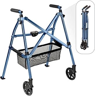 Stander Wonder Walker Plus Short, Lightweight Junior Folding Mobility Aid for Petite Adults, Seniors, and Elderly, Collapsible Travel EZ Fold-N-Go with Wheels, Glides & Basket, Cobalt Blue