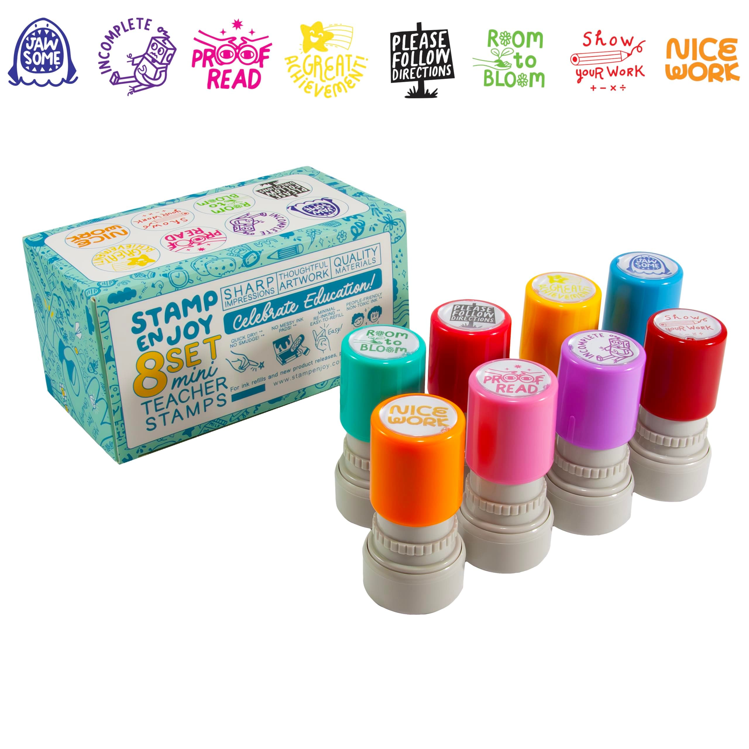8 Self-Ink Flash Stamp Set, Multicolor Teacher Stamps for Classroom, Pre-Inked, Refillable Stamps (North Star Set)