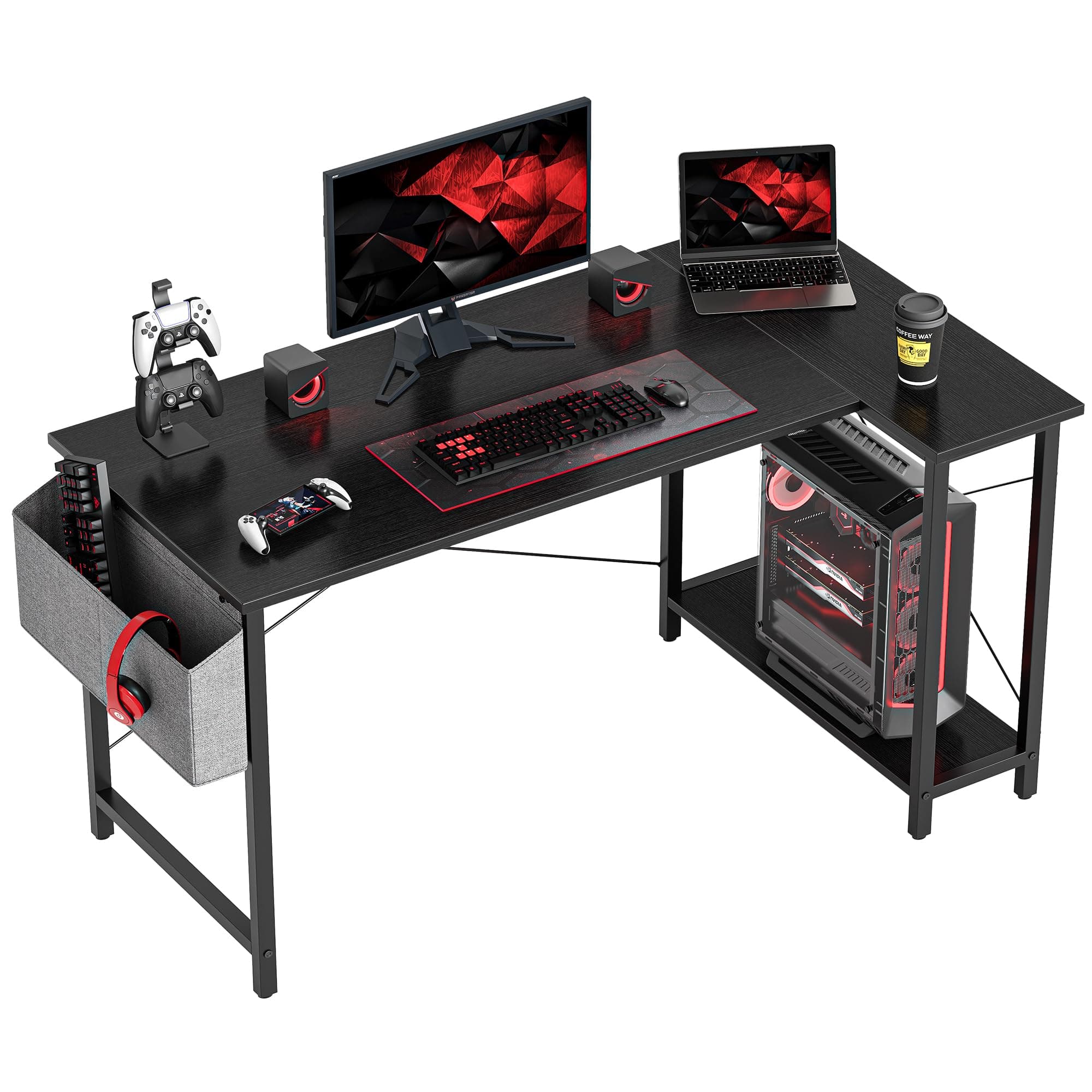 CubiCubi L Shaped Desk, 47 Inch Computer Desk with Reversible Storage Shelves Home Office Corner Desk Study Writing Table, Black