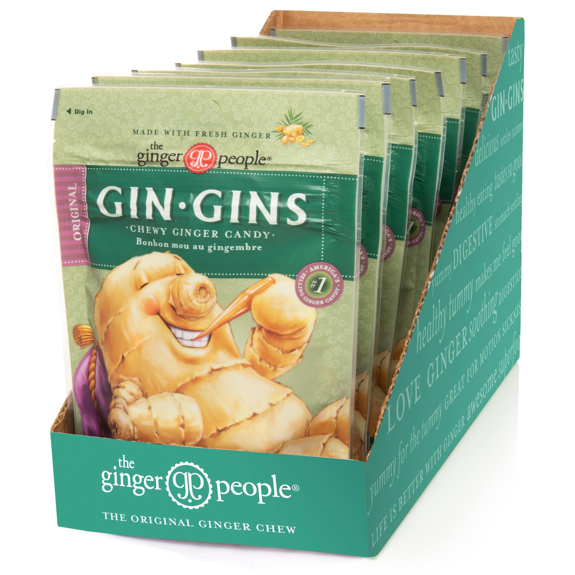 GIN GINS Original Ginger Chews – 100% Natural Candy by The Ginger People – Individually Wrapped Healthy Treats - Made with the Fresh Rhizome – Original Flavor – 3oz Bag – Pack of 8