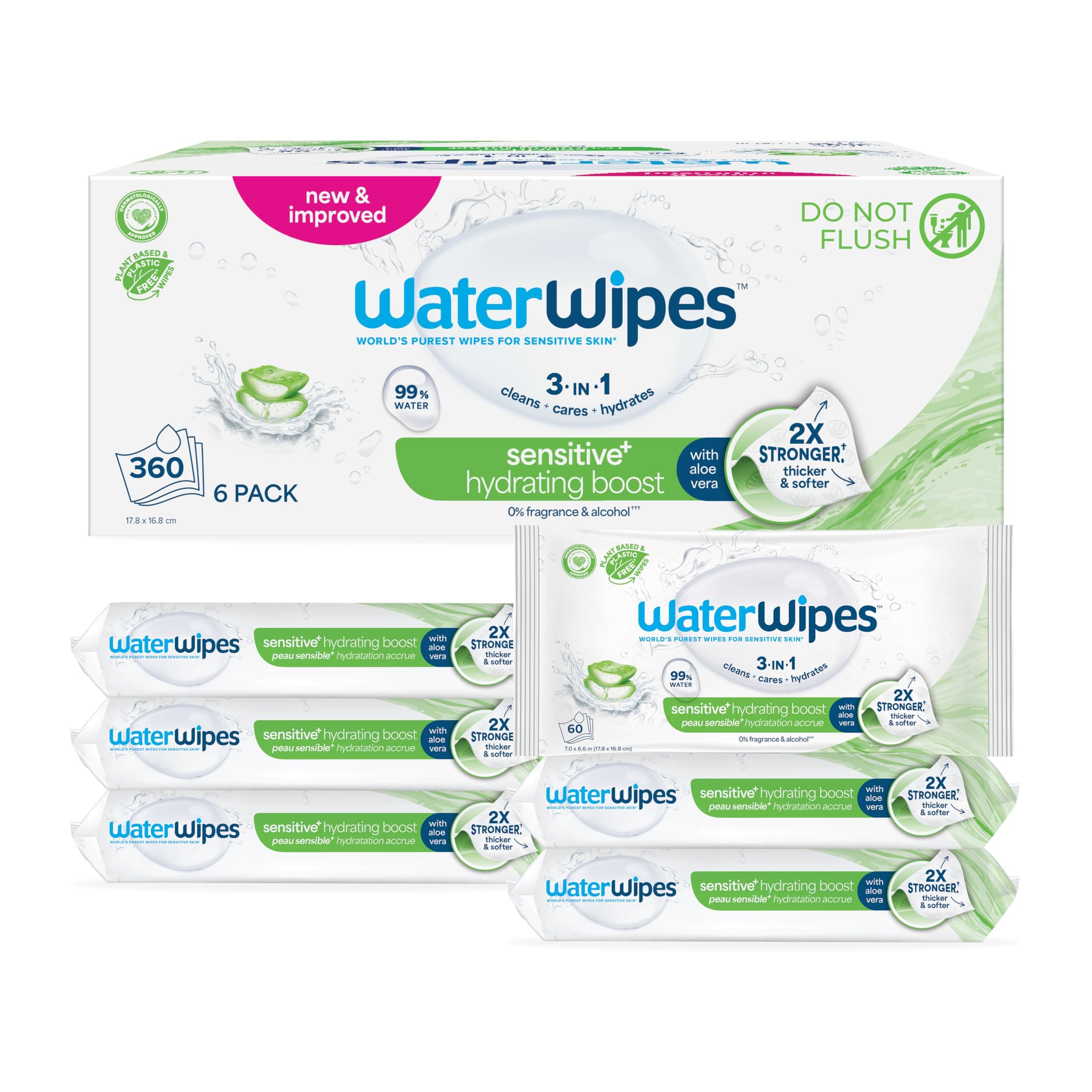 Sensitive+ Hydrating Boost Wipes, 3-In-1 Cleans, Cares, Hydrates, 99% Water with Aloe Vera, Unscented & Hypoallergenic Baby Wipes, 360 Count (6 Packs)