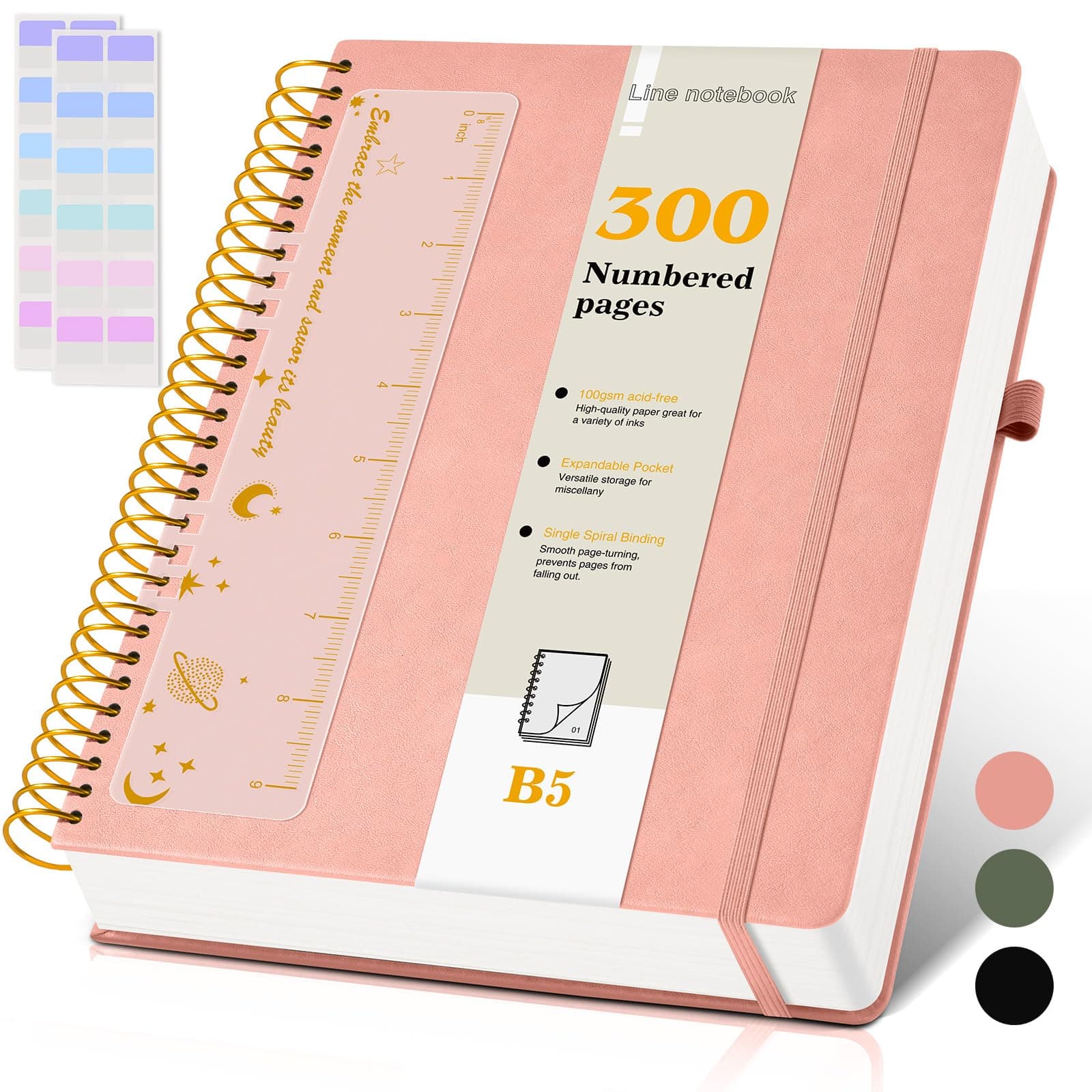 B5 Spiral Notebook Journal 7.6” x 10”, 300 Numbered Pages Hardcover Leather Journals for Women Men, Large Lined College Ruled Notebooks, 100GSM Thick Paper, Spiral Bound Journal for Work School, Pink