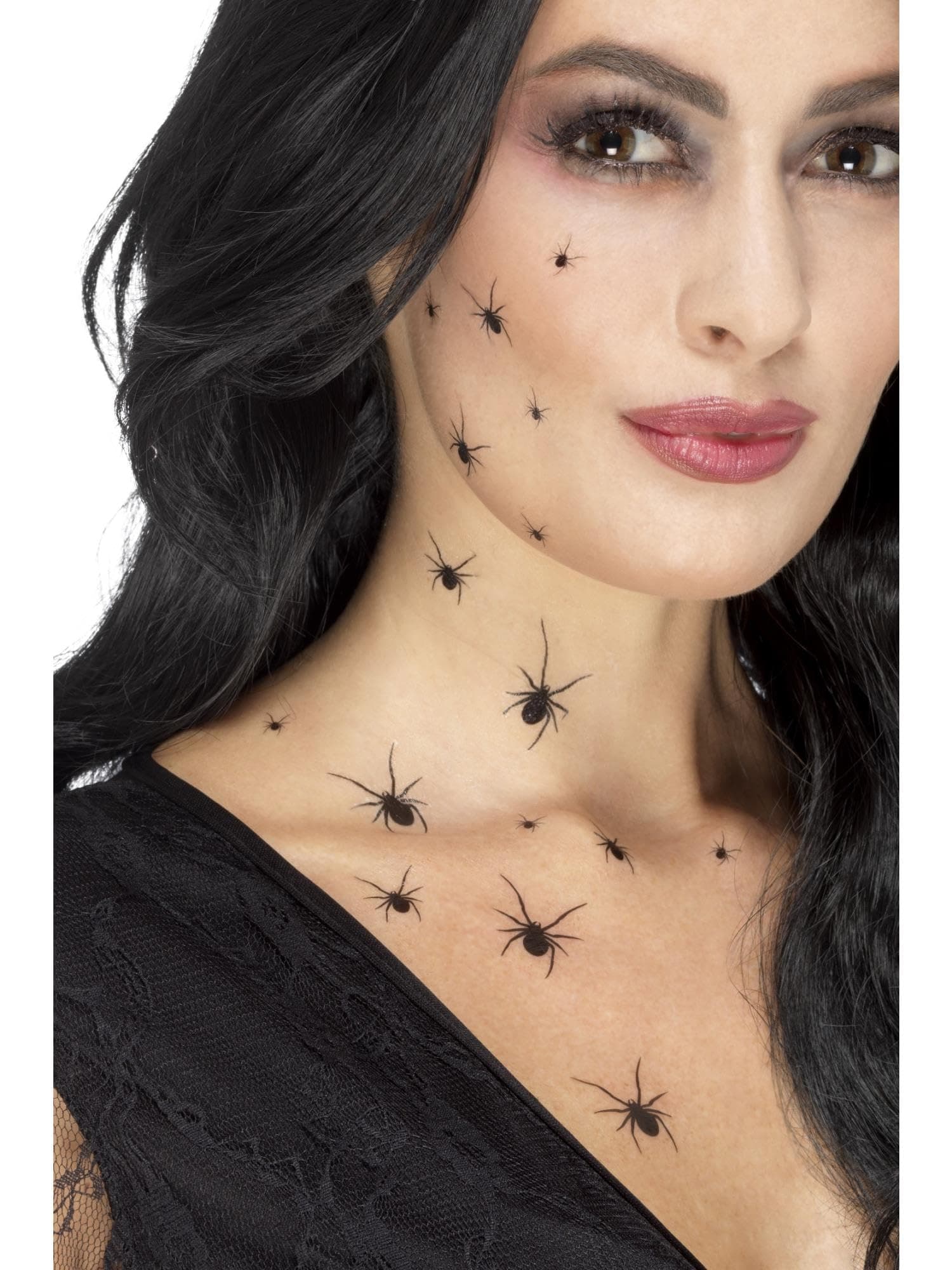 Smiffys Make-Up FX, Crawling Spider Transfers, Bla with 2 Sheets Per Pack, 16 Spiders on Each, Cosmetics and Disguises Fancy Dress, Spider Dress Up Cosmetics & Disguises. Halloween