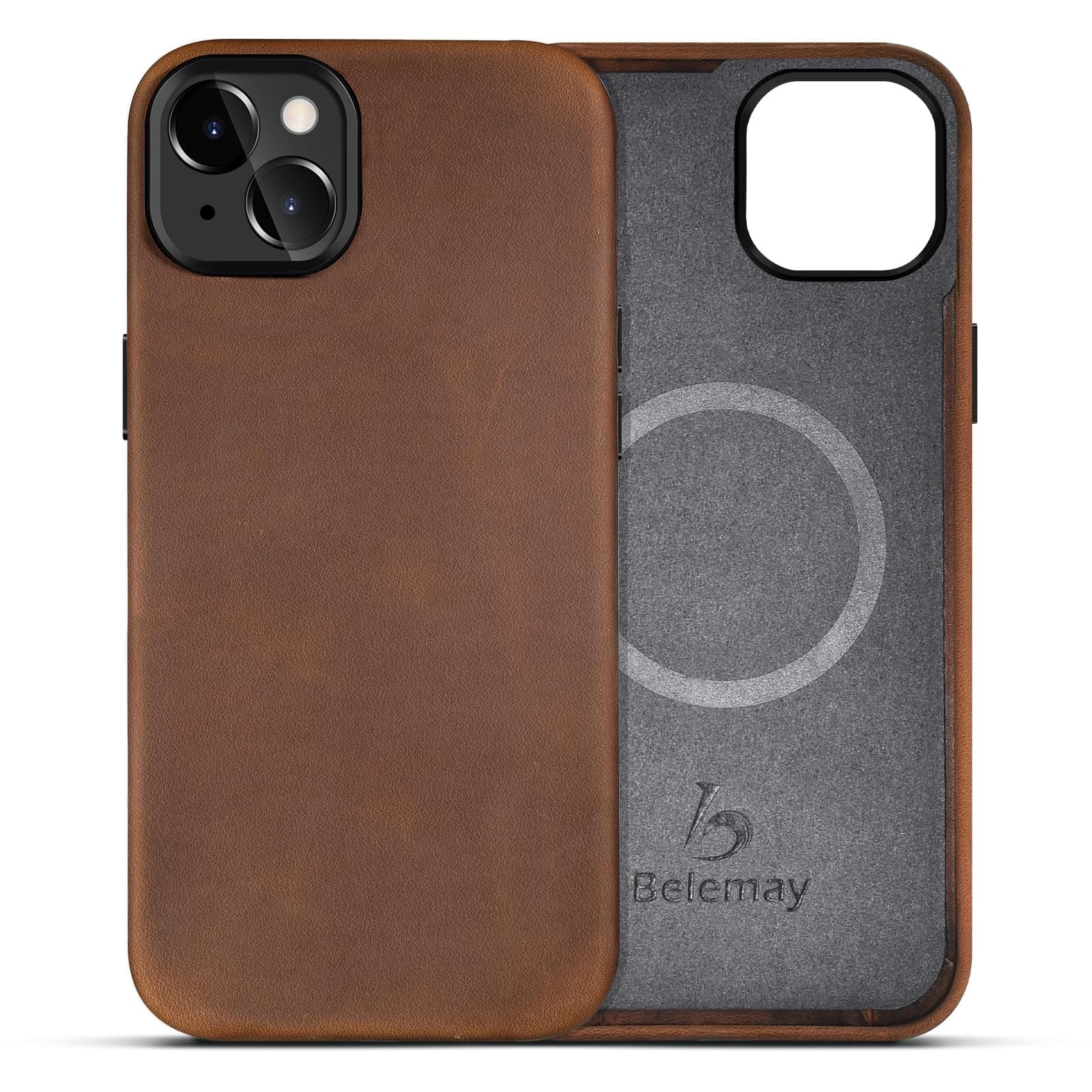 - Belemay Compatible with iPhone 15 Leather Case Magsafe - Top Grain Vintage Crazy Horse Leather - Metal Buttons & Camera Bezel Bump - Slim Fit & Soft Feel - Premium Phone Cover (6.1-inch) Retro Brown