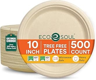ECO SOUL Paper Plates (25Cm) 10" [500-Pack] Heavy Duty Compostable Sugarcane Bagasse Dinner Plates | Eco Friendly Biodegradable Disposable Plate for Dinner, Parties & Events