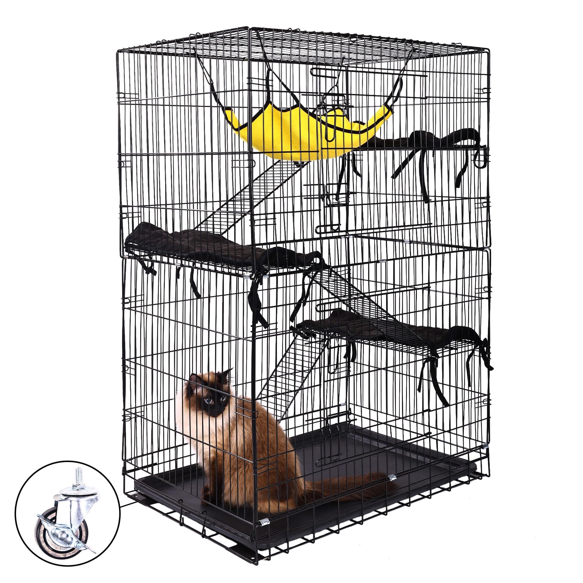 ELEVON 3-Tier Indoor Cat Cage, Large DIY Cat Crate & Cat Kennel with 3 Cat Beds and 2 Front Doors, Metal Fence with Ladder and Hammock, Suitable for Rabbits, Squirrels, Cats to Play and Rest