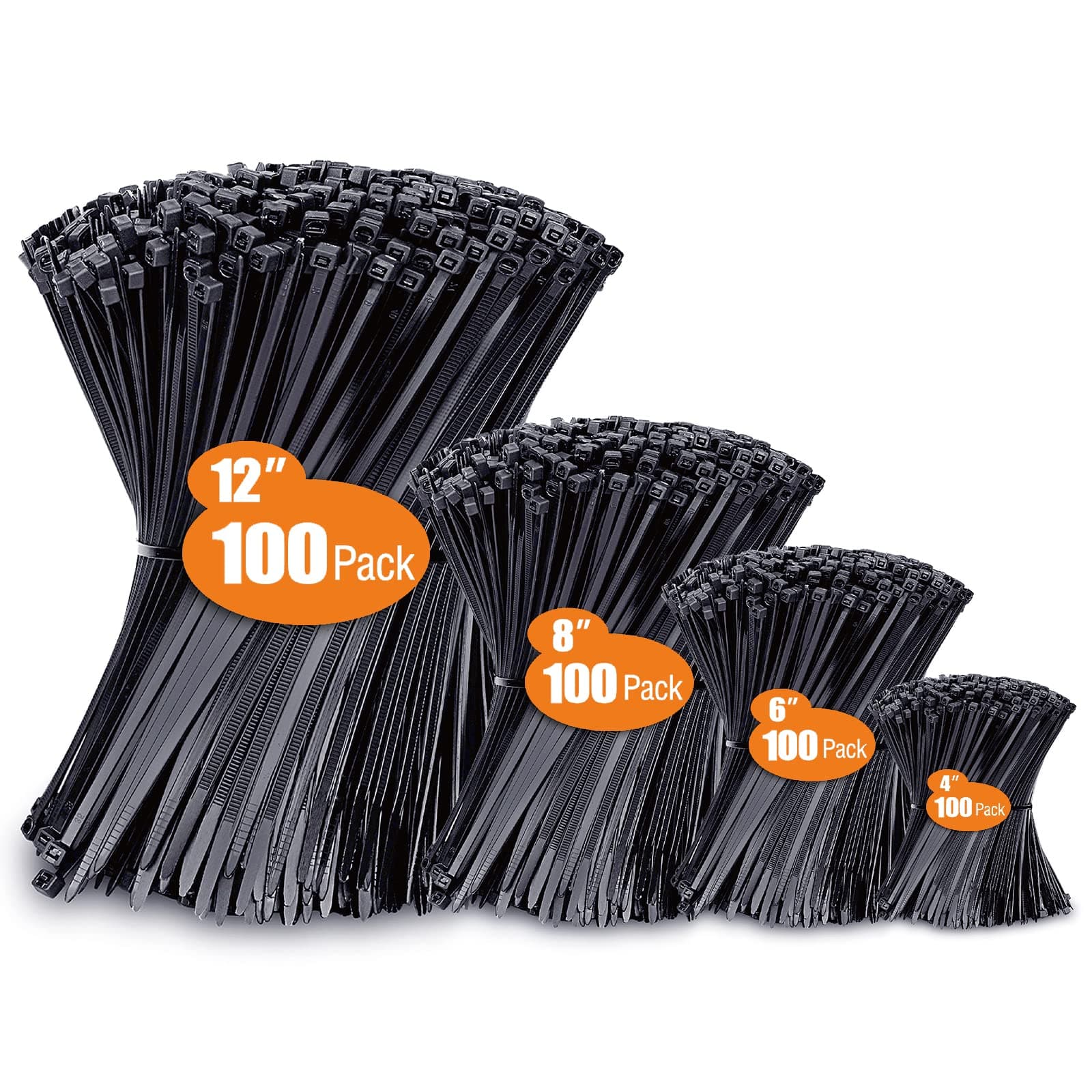 Zip Ties (4"+6"+8"+12"), 400 Pack, Black Cable Ties, UV Resistant Wire Ties