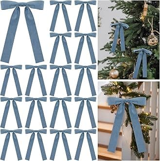 24 Pcs Velvet Bows Christmas Tree Ornaments Vintage Double Faced Velvet Ribbon Bows for Tree Garland Wreath Indoor Outdoor Xmas(5 x 7 Inch, Width of 1",Dusty Blue)
