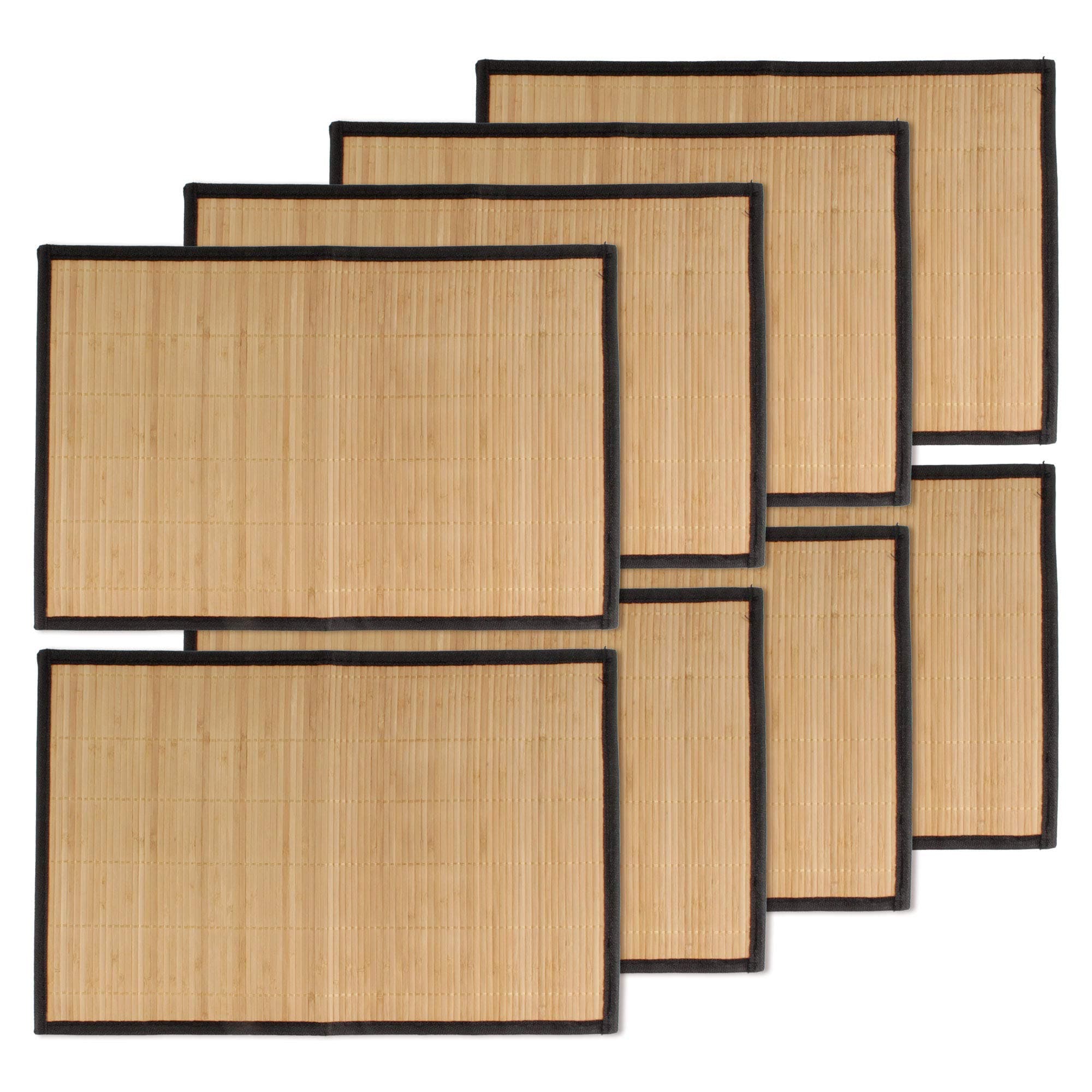Bamboo Slats Placemat with Fabric Border - Solid Color Print - 17.5" x 12" - Brown with Black Border, 8 pcs