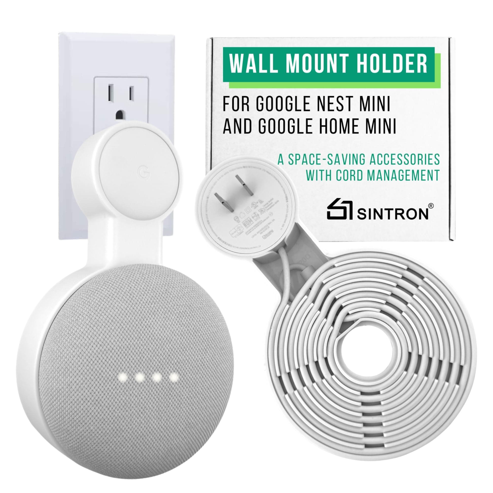 Outlet Wall Mount Holder for Google Nest Mini and Google Home Mini, A Space-Saving Accessories with Cord Management for Google Smart Speakers 1st Gen. and 2nd Gen., No Messy Wires or Screws.