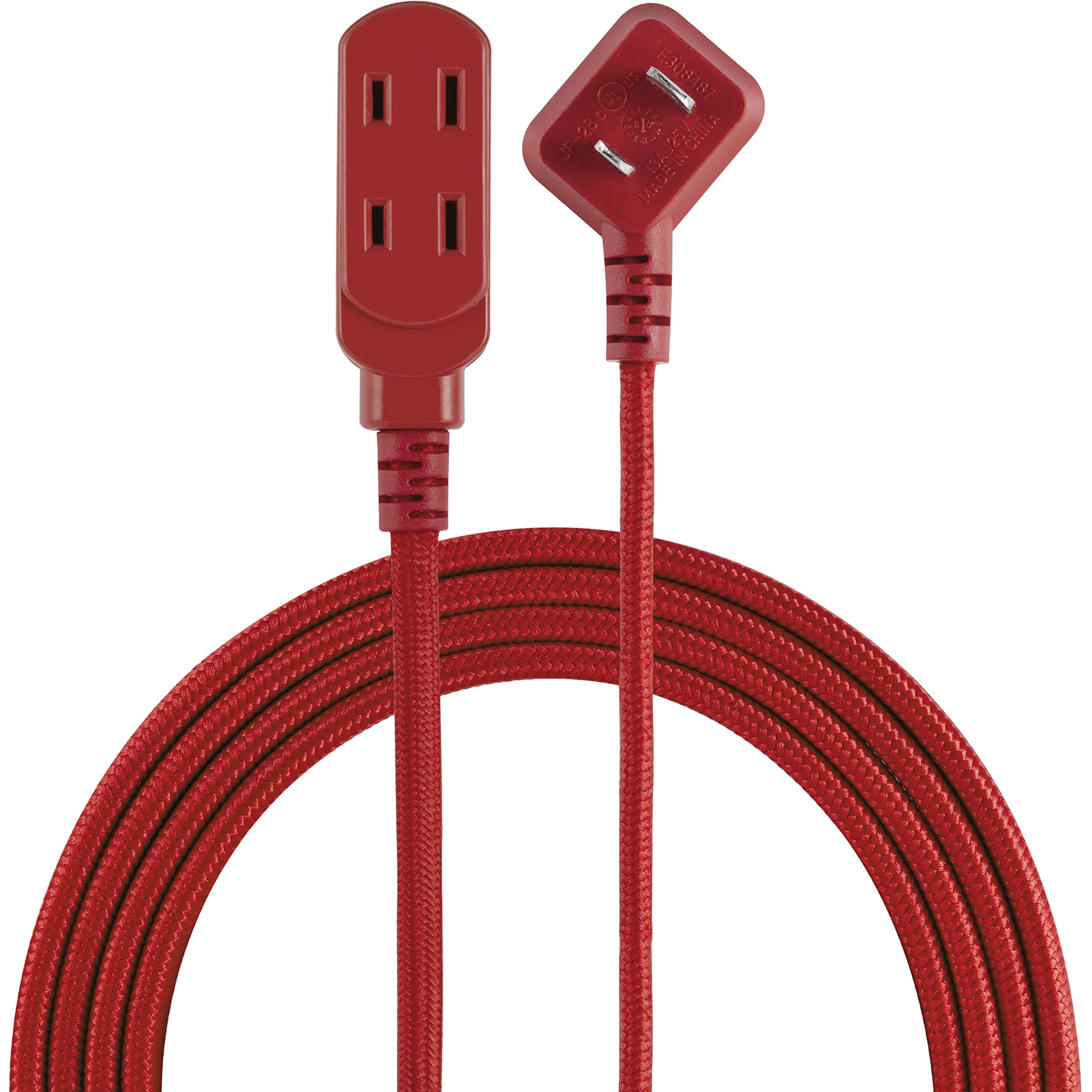 Cordinate Designer 3-Outlet Extension Cord, 8 Ft Braided Cable, 2-Prong Power Strip, Slide-to-Lock Safety, Low-Profile Flat Plug, Polarized, ETL Listed, Bright Red, 39985-T1