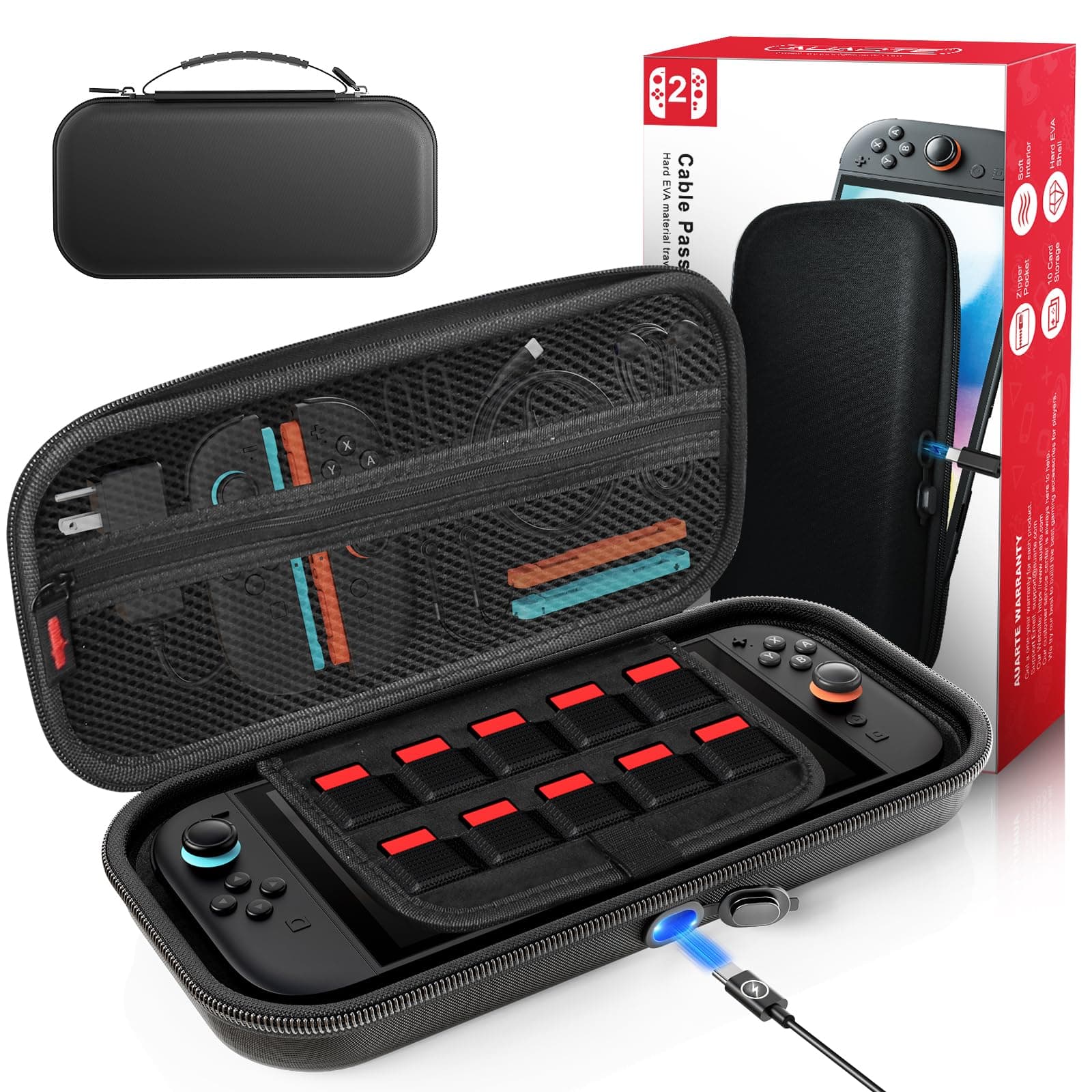 Auarte [Charge Inside Switch 2 Carrying Case for Nintendo Switch 2 Console 2025 / Switch Original/Switch OLED, Slim Travel Carry Case for Switch 2 Accessories with 10 Game Card Storage (Carbon Black)