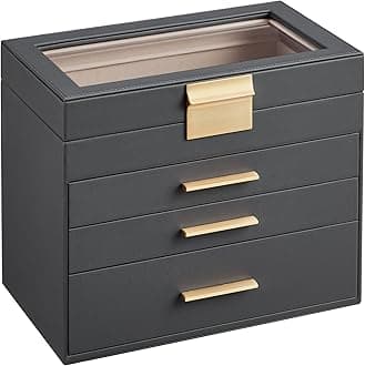 SONGMICS GISELLA Collection - Jewelry Box Organizer, 4-Layer Jewelry Storage with 3 Drawers, Shiny Metal Hardware, Glass Lid, Modern, 6 x 9.9 x 8.5 Inches, Gray and Gold Color UJBC161C01