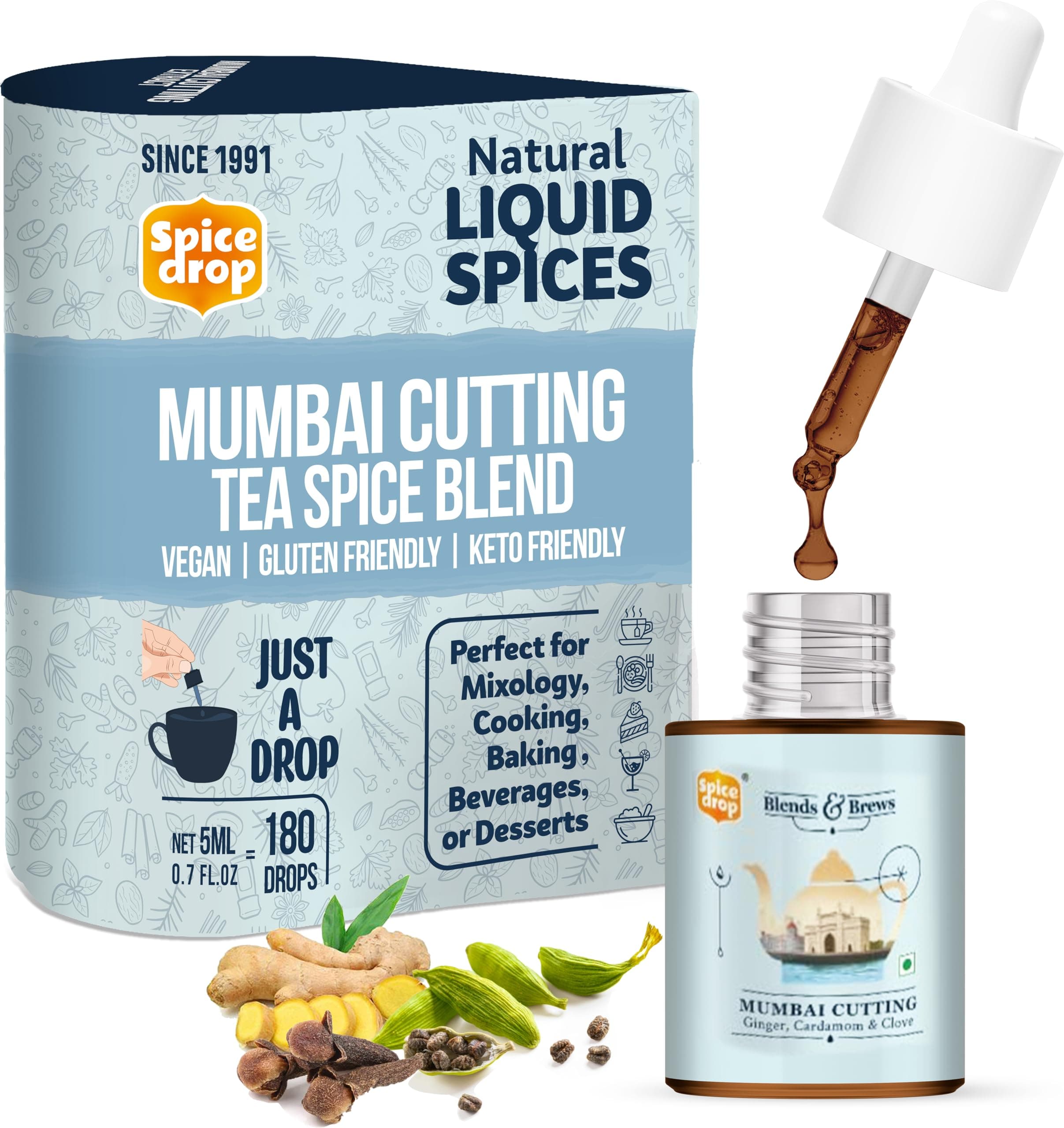 Spice Drop Mumbai Cutting Chai Masala Extract | Tea Drops |Authentic Indian Recipe| No Preservative 5 Ml (Pack Of 1 X 180 Drops)| Drop/Cup Flavors Cups 5Ml Equals 125 Gms Powder